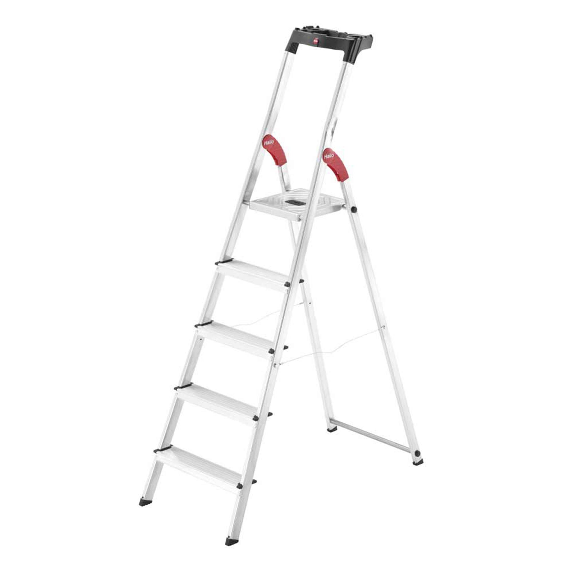 Front. Hailo - Hailo Folding Step Stool, 5 Step Ladder w/ Tray for Home & Kitchen, L60, Silver - Metal, Red & Black.