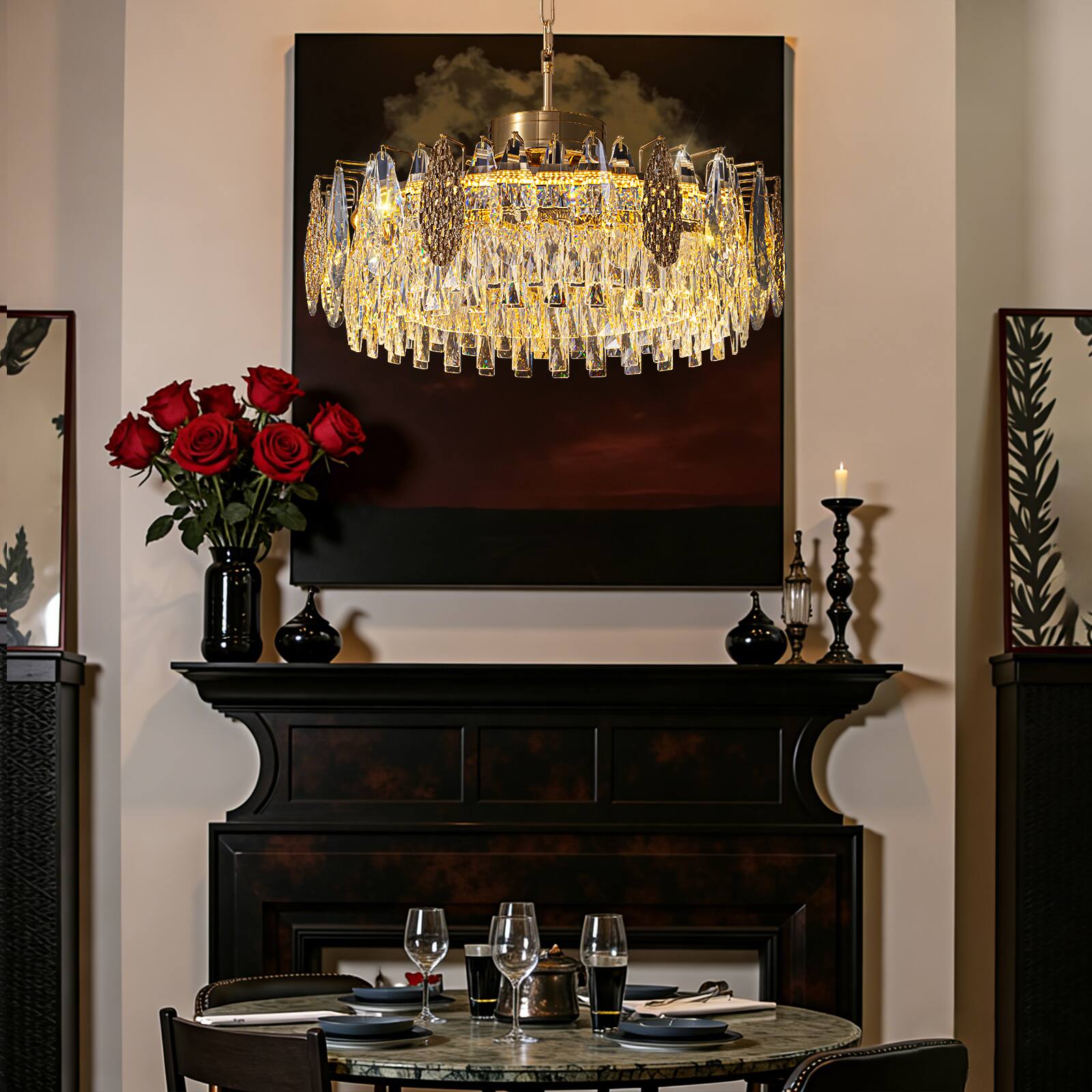 Alt View 1. Siljoy - 23.6" Gold K9 Crystal Chandelier, Modern French Dimmable LED Pendant Light for Dining Kitchen Living Room - Gold.