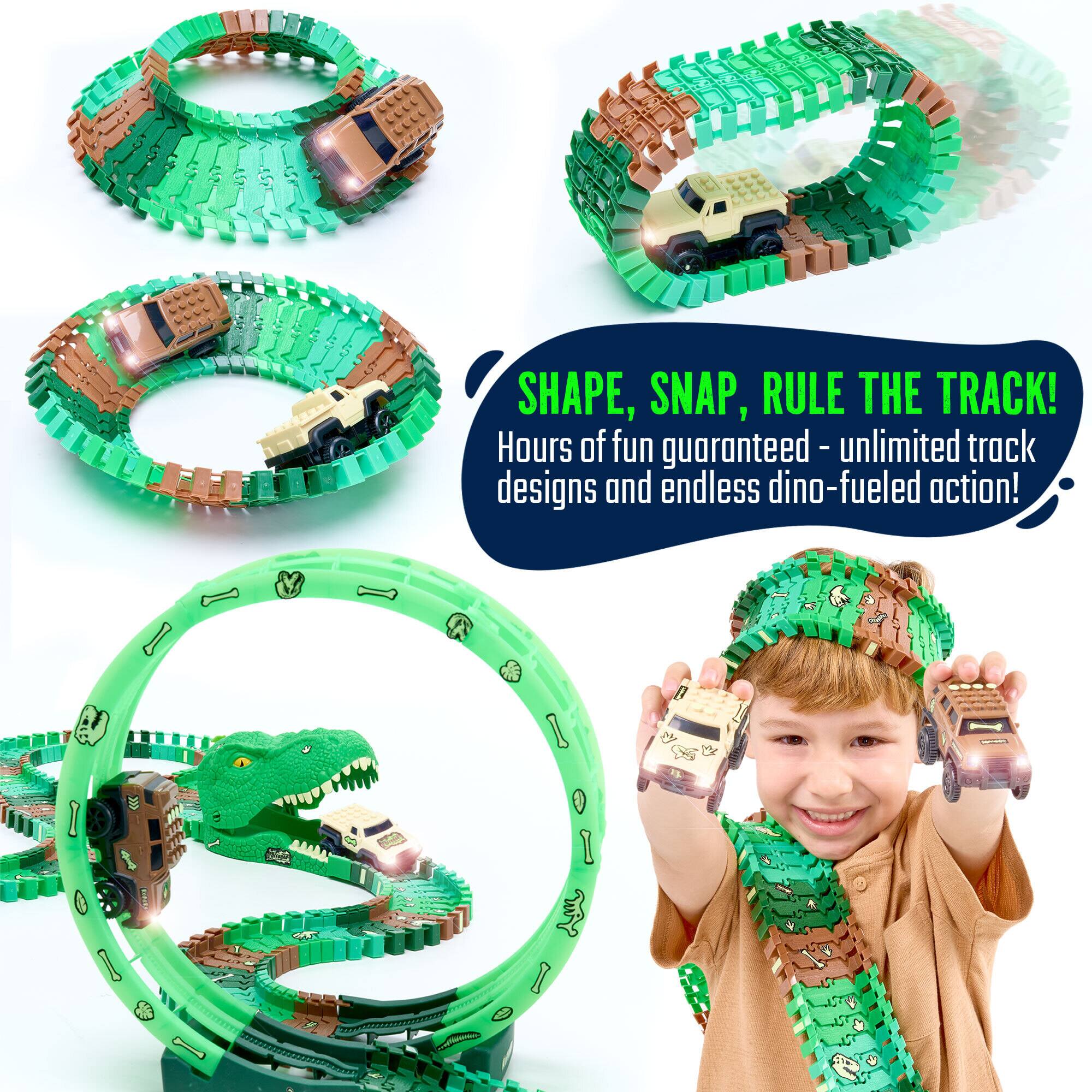 SHAPE, SNAP, RULE THE TRACK!  
Hours of fun guaranteed - unlimited track designs and endless dino-fueled action!