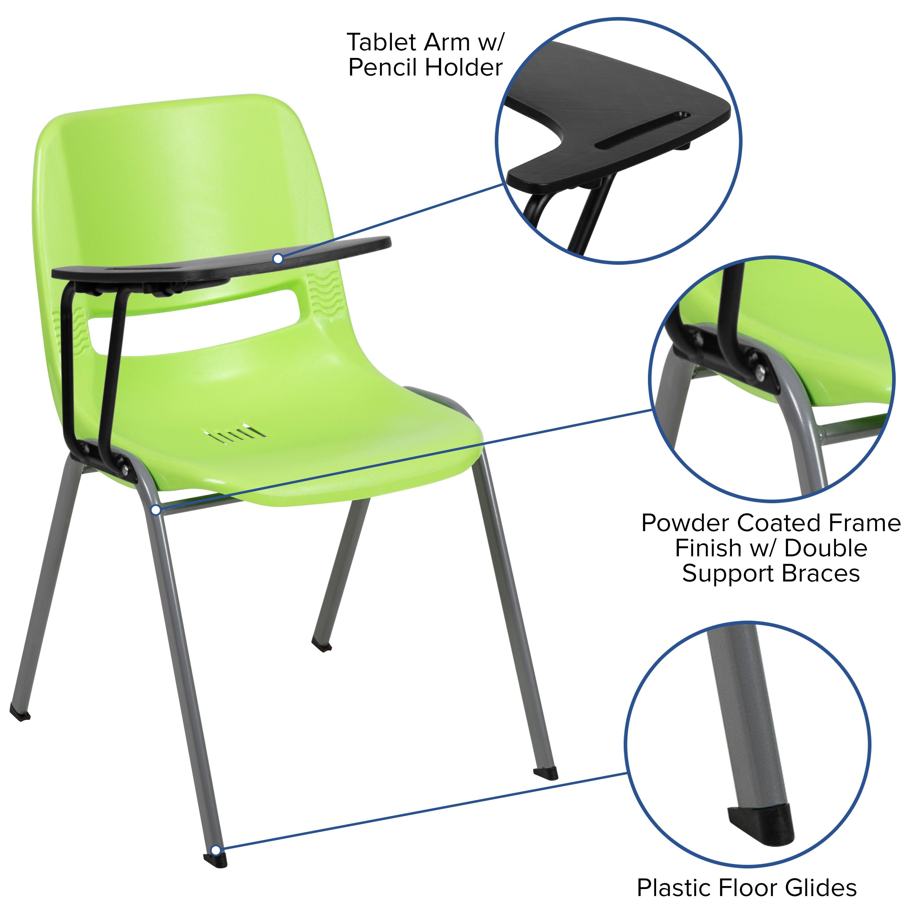 Tablet Arm w/ Pencil Holder  
Powder Coated Frame Finish w/ Double Support Braces  
Plastic Floor Glides
