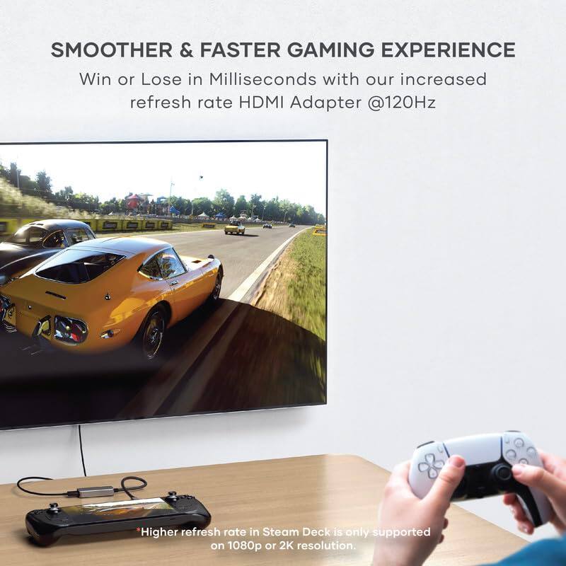 SMOOTHER & FASTER GAMING EXPERIENCE  
Win or Lose in Milliseconds with our increased refresh rate HDMI Adapter @120Hz  

Higher refresh rate in Steam Deck is only supported on 1080p or 2K resolution.