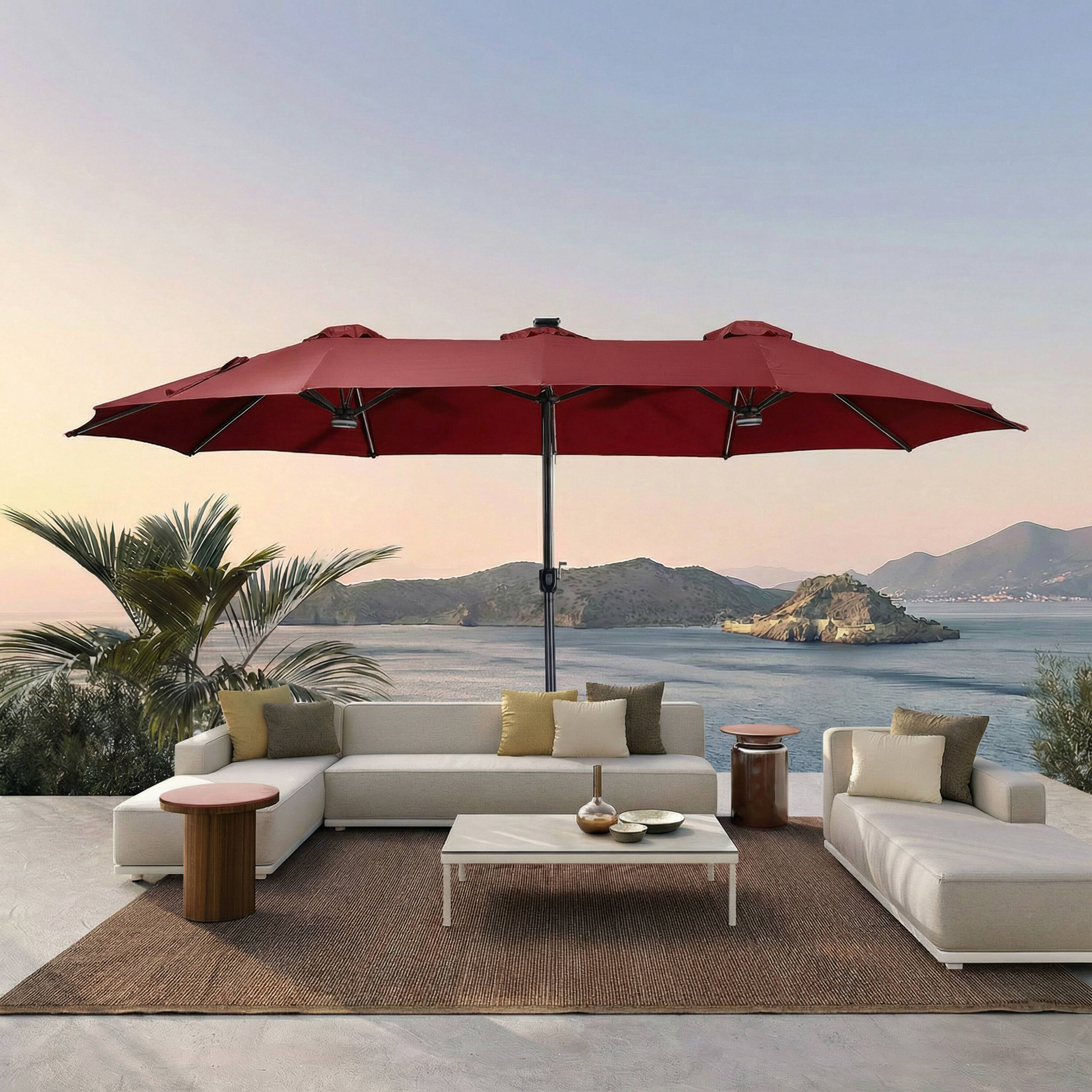 Left. Mondawe - 15ft Double-Sided Solar RGB LED Patio Umbrella with Base, Dual Charging - Red.
