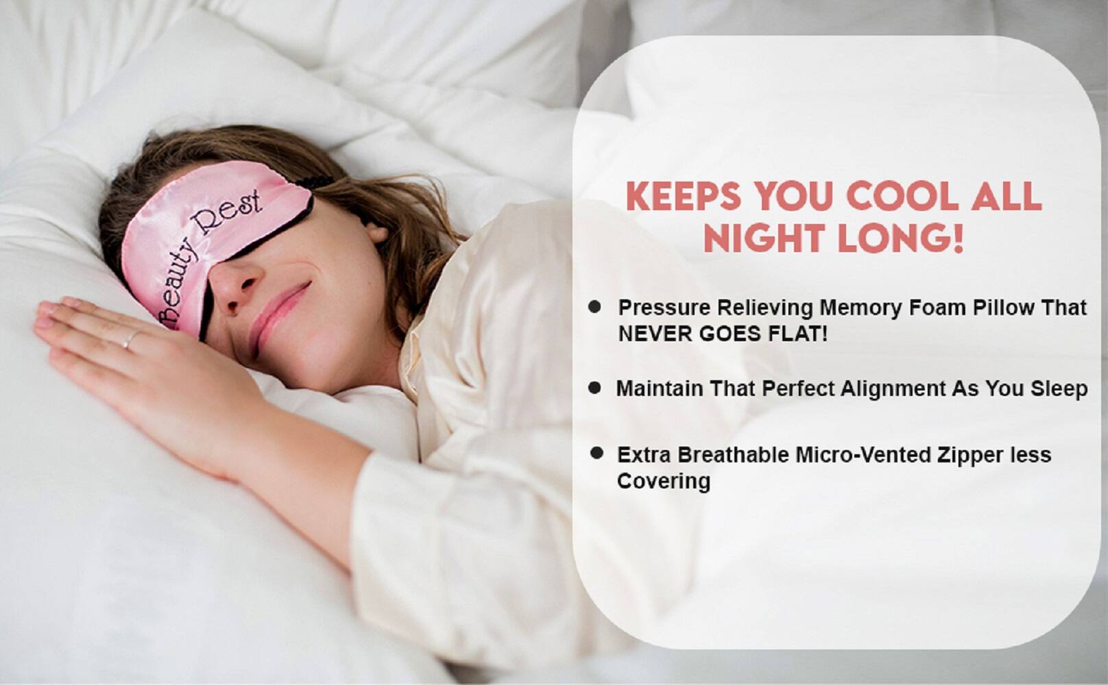 Rest Beauty KEEPS YOU COOL ALL NIGHT LONG! Pressure Relieving Memory Foam Pillow That NEVER GOES FLAT! Maintain That Perfect Alignment As You Sleep Extra Breathable Micro-Vented Zipper less Covering