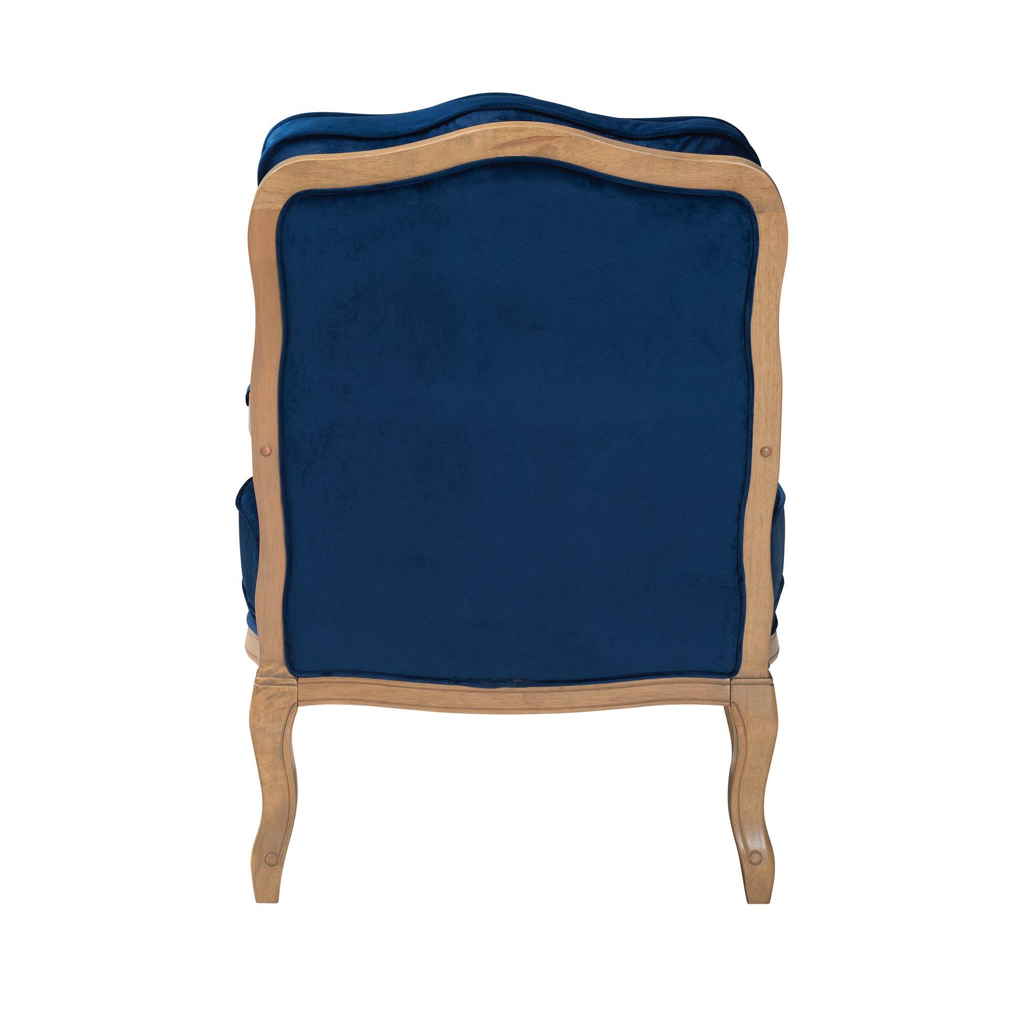 Back. Baxton Studio - Jules Traditional Fabric and French Oak Finished Wood Accent Chair - Navy Blue/ French Oak.
