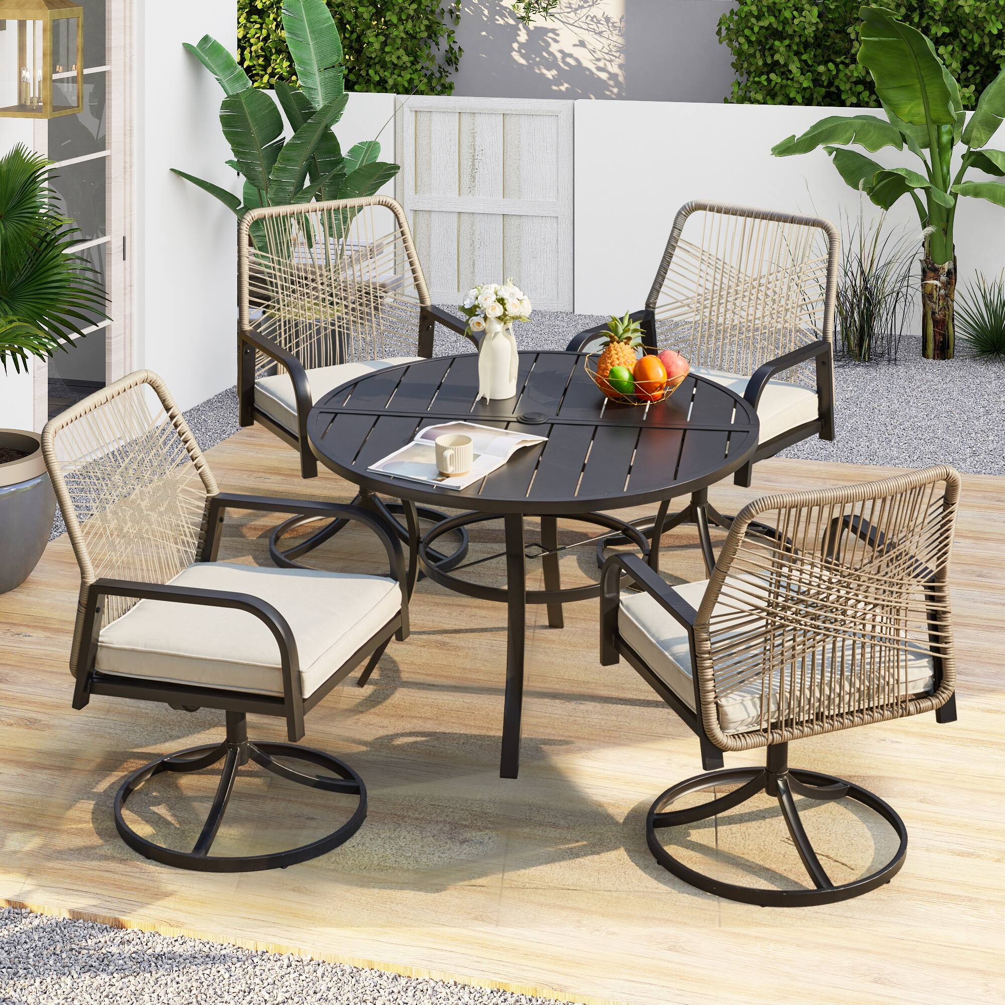 Angle. U-HOMY - Outdoor Dining Set, Swivel Rattan Chairs w Thick Removable Cushion, Dining Table w Umbrella Hole, Patio Furniture Set - Beige.