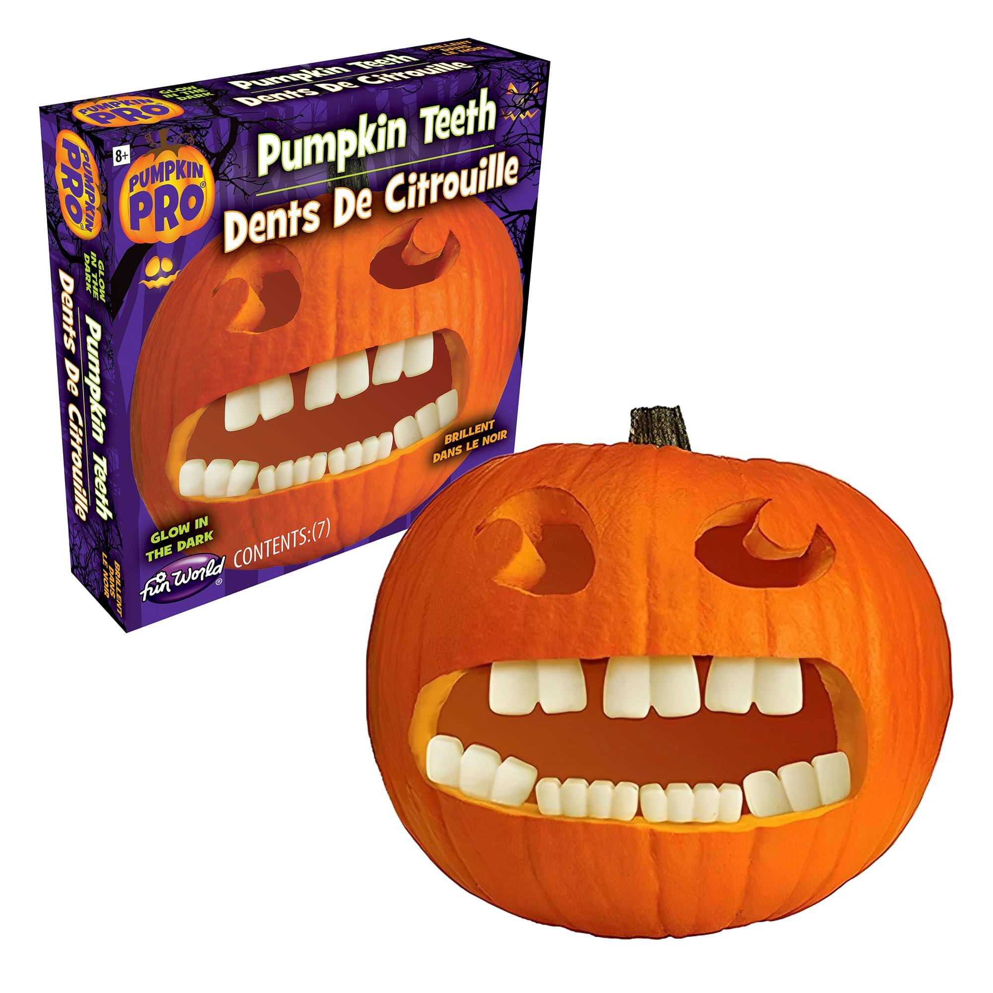 Pumpkin Teeth  
Dents De Citrouille  
Pumpkin Pro  
Dents De Citrouille Pro  
8+  
Pumpkin Pro  
Glow In The Dark  
Contents: (7)  
Fun World