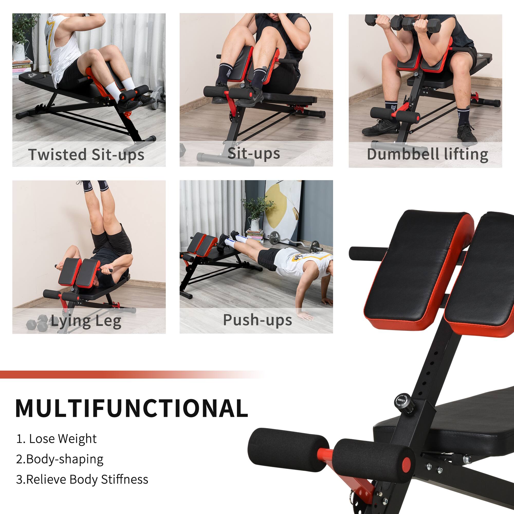 Twisted Sit-ups  
Sit-ups  
Dumbbell lifting  
Lying Leg  
Push-ups  

MULTIFUNCTIONAL  
1. Lose Weight  
2. Body-shaping  
3. Relieve Body Stiffness