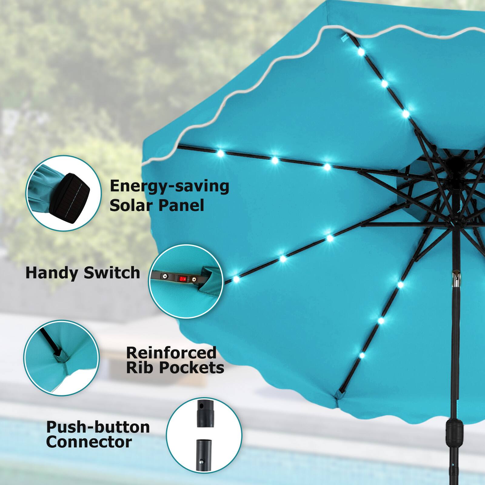 Energy-saving Solar Panel  
Handy Switch  
Reinforced Rib Pockets  
Push-button Connector
