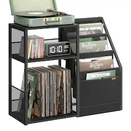 Songmics Home - Record Player Stand, 3-Tier Side Table, Vinyl Record Storage up to 140 Albums, End Table for Living Room, Bedroom - Ebony Black