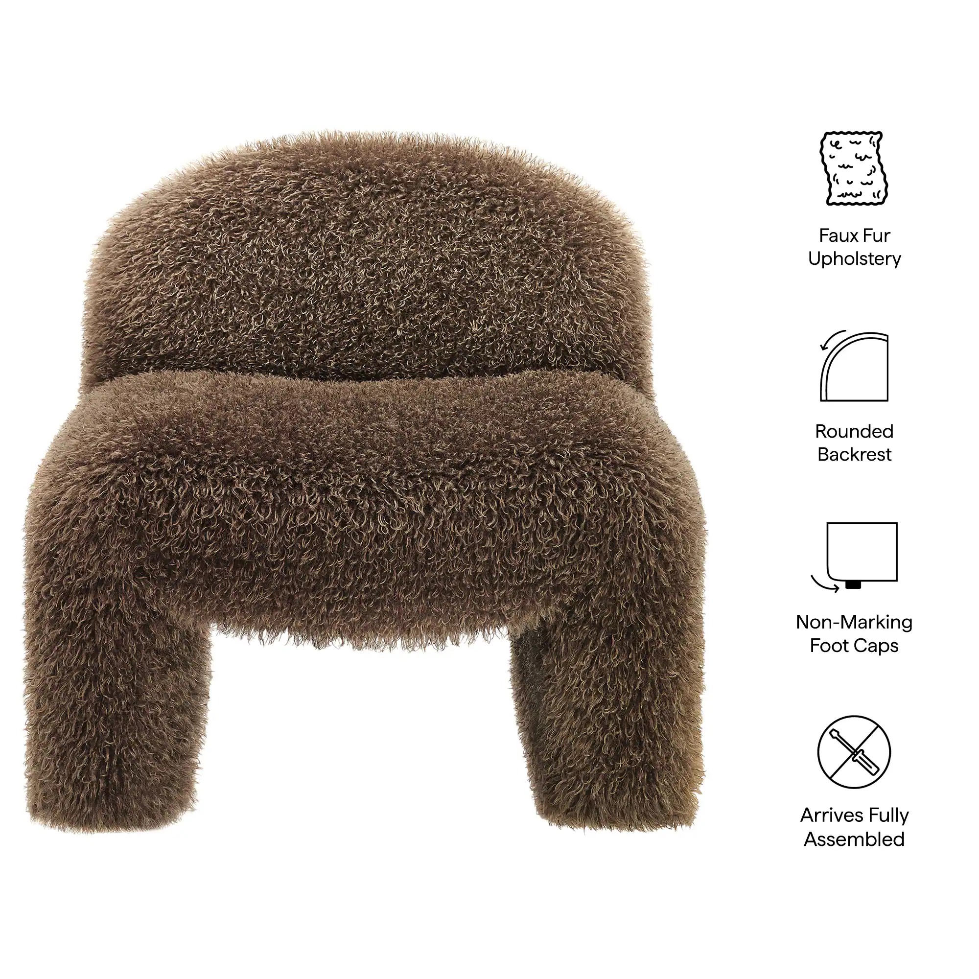 - Faux Fur Upholstery
- Rounded Backrest
- Non-Marking Foot Caps
- Arrives Fully Assembled