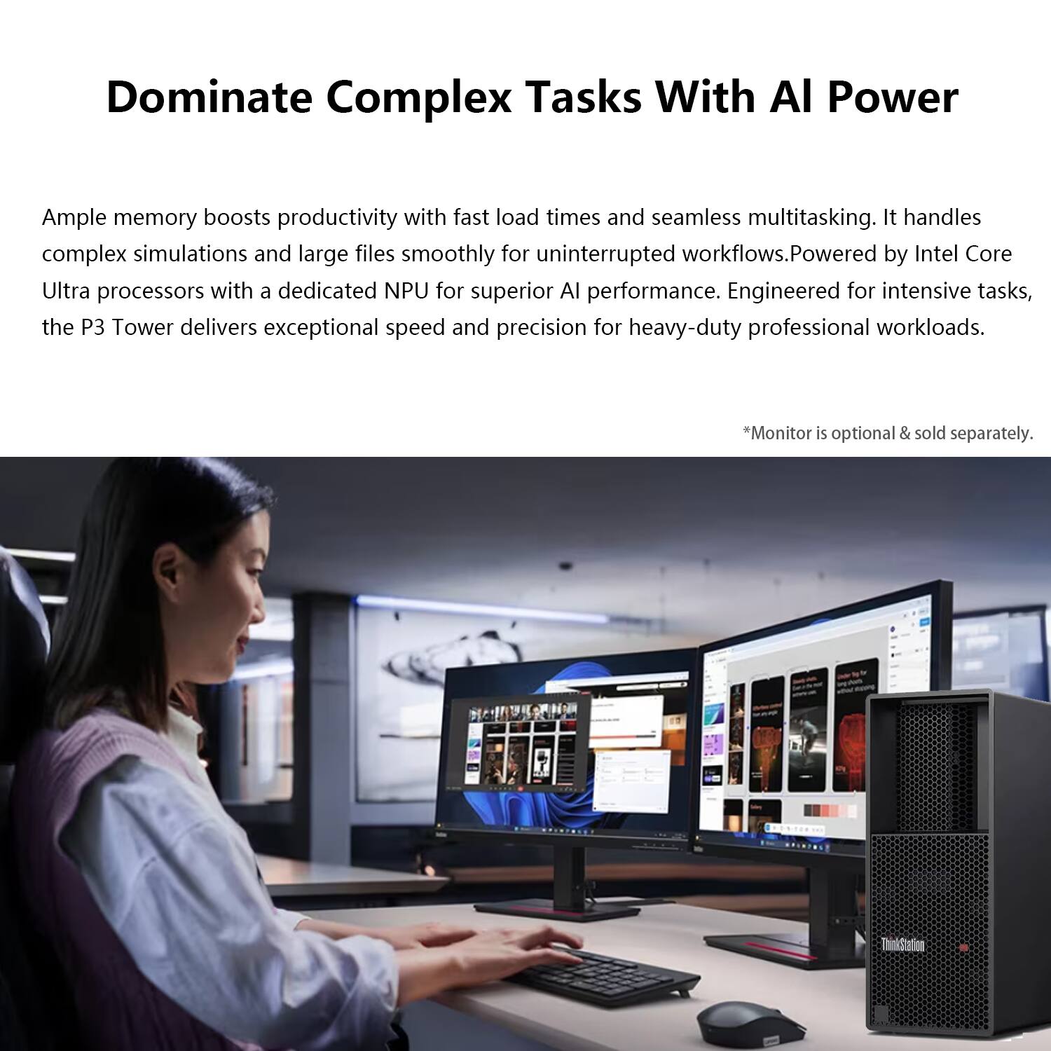 Dominate Complex Tasks With AI Power

Ample memory boosts productivity with fast load times and seamless multitasking. It handles complex simulations and large files smoothly for uninterrupted workflows. Powered by Intel Core Ultra processors with a dedicated NPU for superior AI performance. Engineered for intensive tasks, the P3 Tower delivers exceptional speed and precision for heavy-duty professional workloads.

*Monitor is optional & sold separately.
