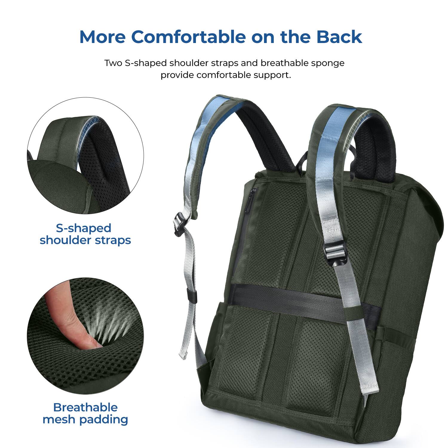 More Comfortable on the Back

Two S-shaped shoulder straps and breathable sponge provide comfortable support.

- S-shaped shoulder straps
- Breathable mesh padding
