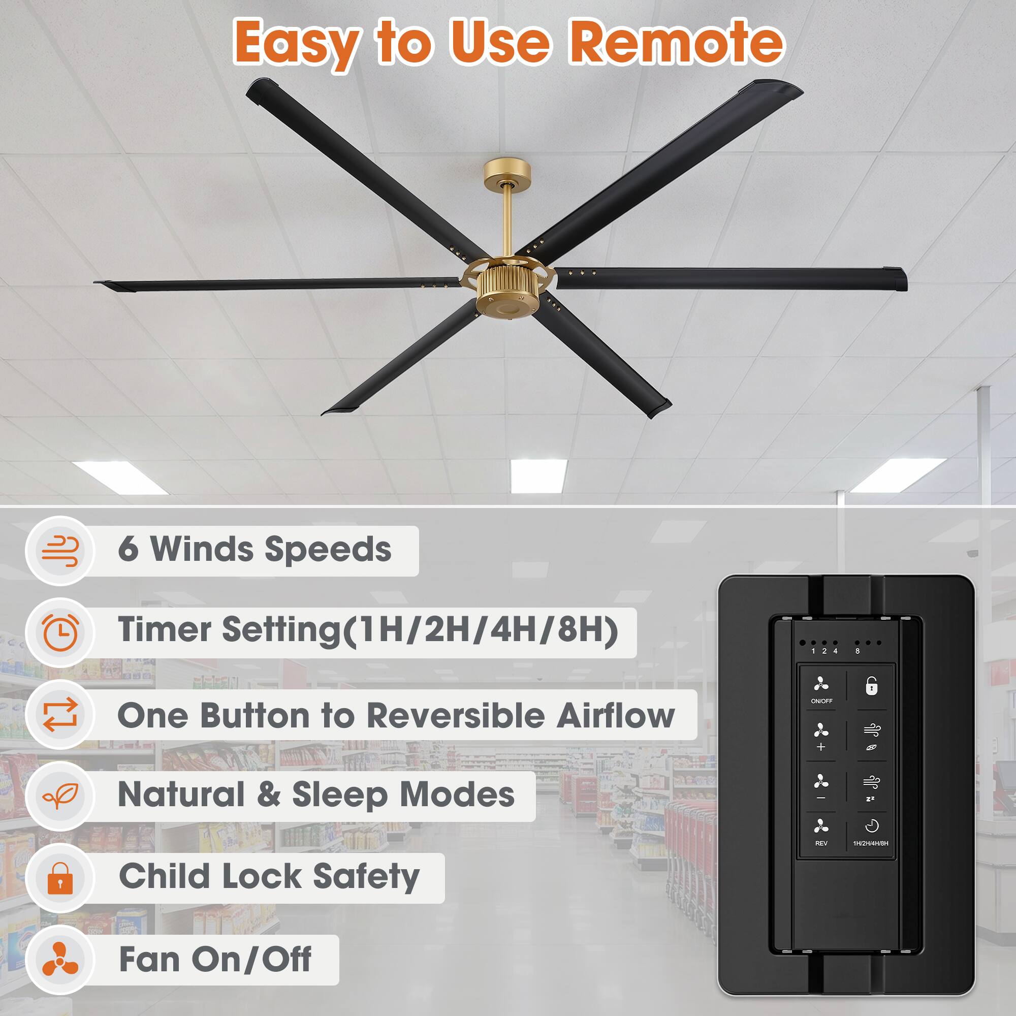 Easy to Use Remote

- 6 Winds Speeds
- Timer Setting(1H/2H/4H/8H)
- One Button to Reversible Airflow
- Natural & Sleep Modes
- Child Lock Safety
- Fan On/Off