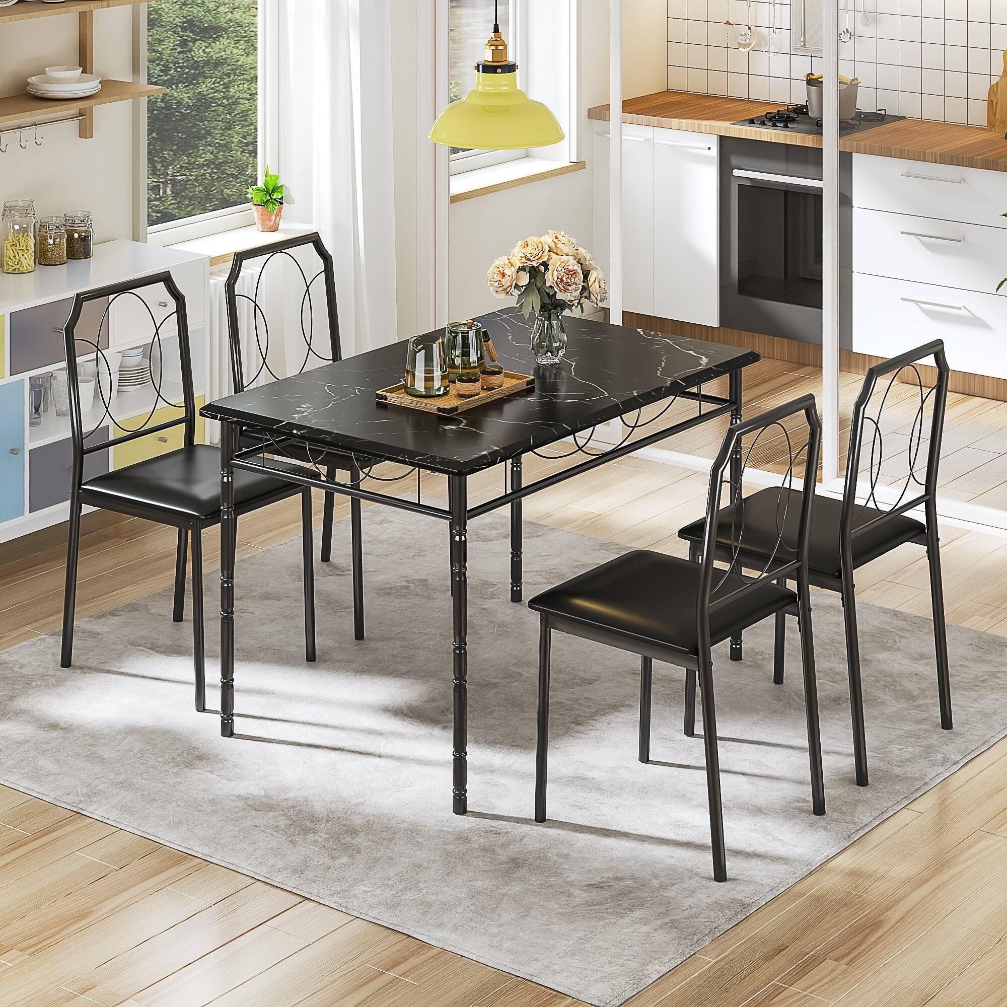 Back. Vecelo - Modern 5 Piece Kitchen Table Set with 4 Ergonomic Chairs, Space-Saving Dining Set for Small Apartments or Condos - Black Set of 3.