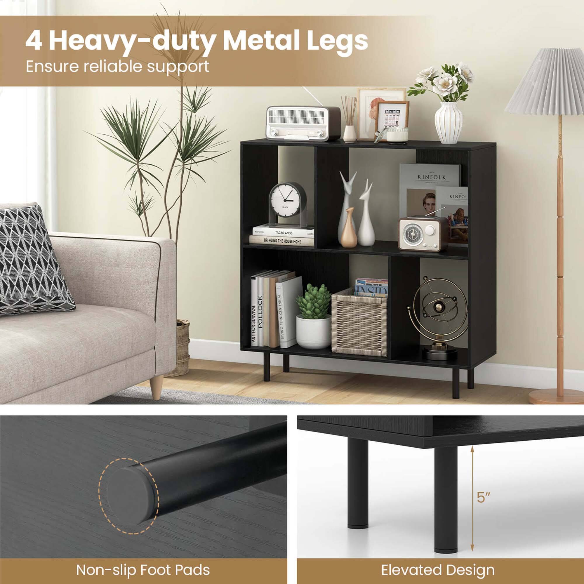 The image features a living room with a couch, a table, and a bookshelf. The bookshelf has a clock and a vase on it, and there is a potted plant nearby. The living room is decorated with a variety of items, including a couch, a table, and a bookshelf. The bookshelf is also adorned with a clock and a vase, adding to the room's aesthetic appeal. Additionally, there is a potted plant in the room, which contributes to the overall ambiance.