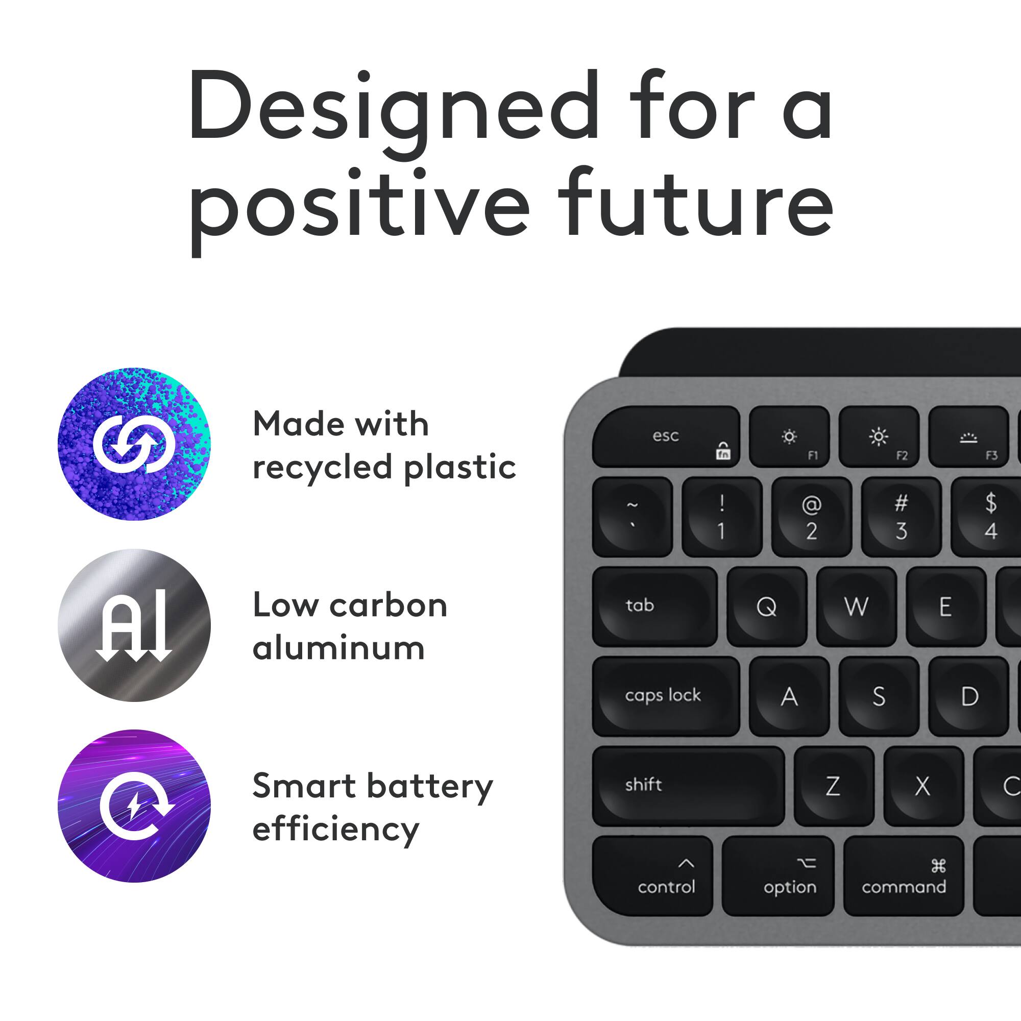 Designed for a positive future Made with recycled plastic - esc fn | 1 F1 2 F2 # 3 3 $ 4 Al Low carbon aluminum tab caps lock A W S E D C Smart battery efficiency shift control Z X option command C