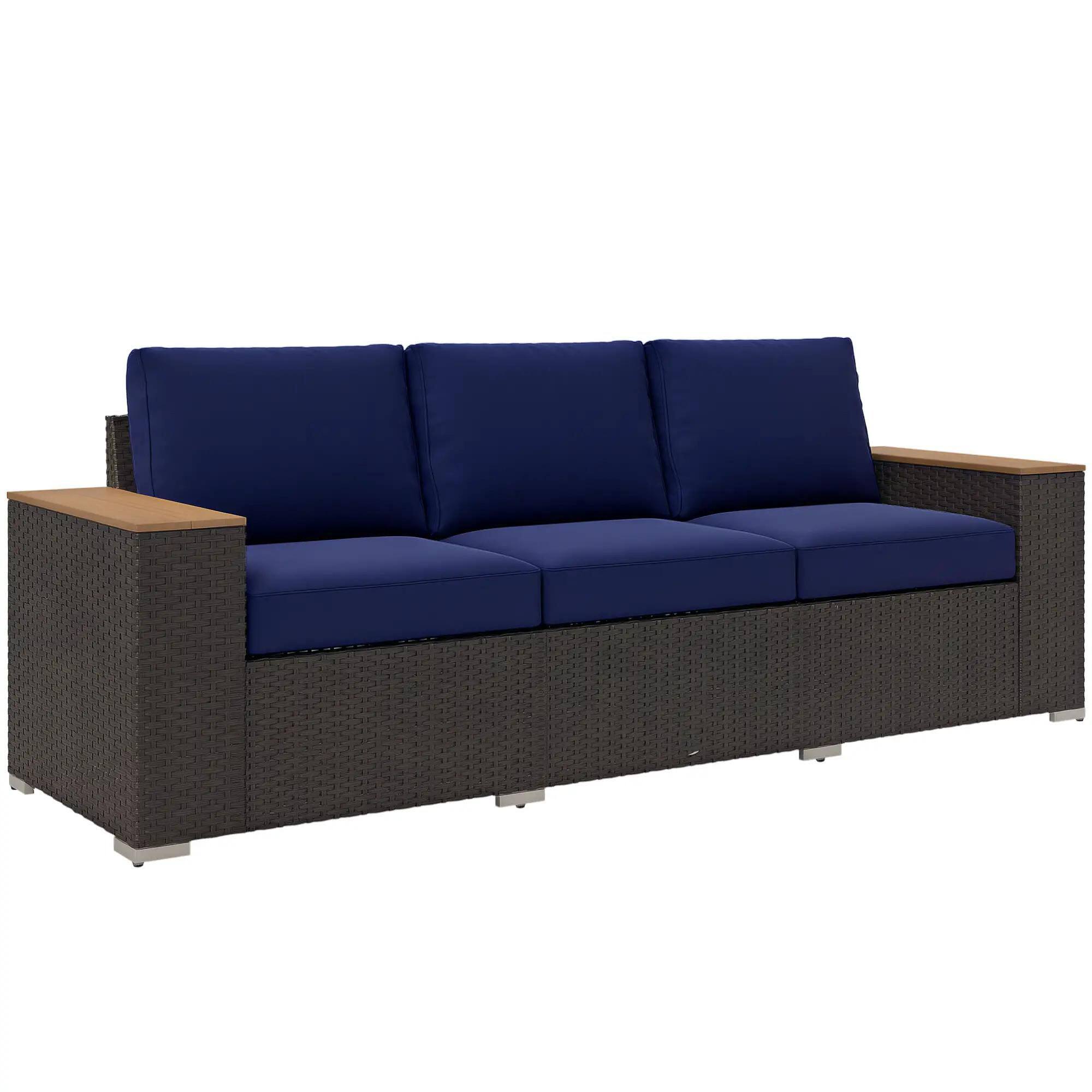Alt View 7. Spaco - Spaco 3 Seat Deep Cushion PE Rattan Patio Sofa, Wide Armrests - Navy Blue.