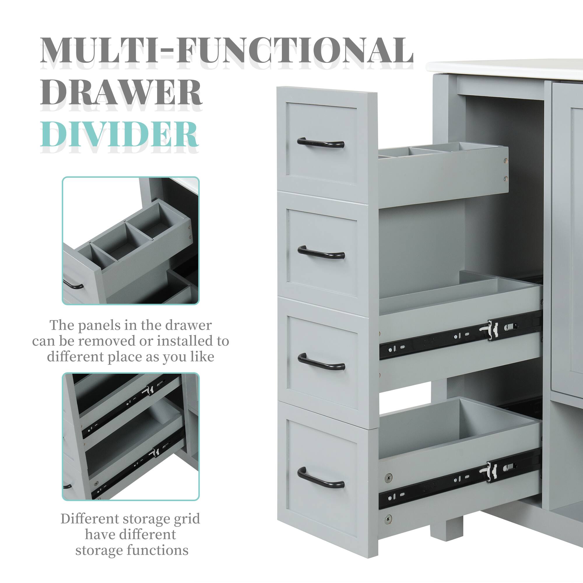 MULTI-FUNCTIONAL DRAWER DIVIDER

The panels in the drawer can be removed or installed to different places as you like

Different storage grid have different storage functions