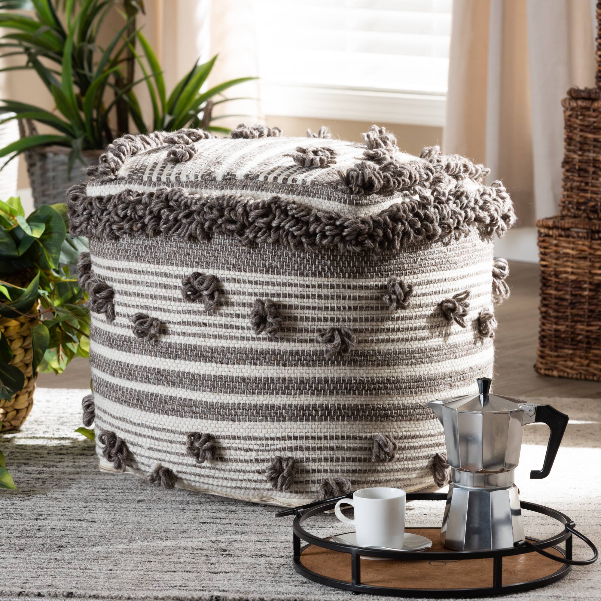 Back. Baxton Studio - Eligah Moroccan Inspired Handwoven Wool Pouf Ottoman - Ivory/Brown.