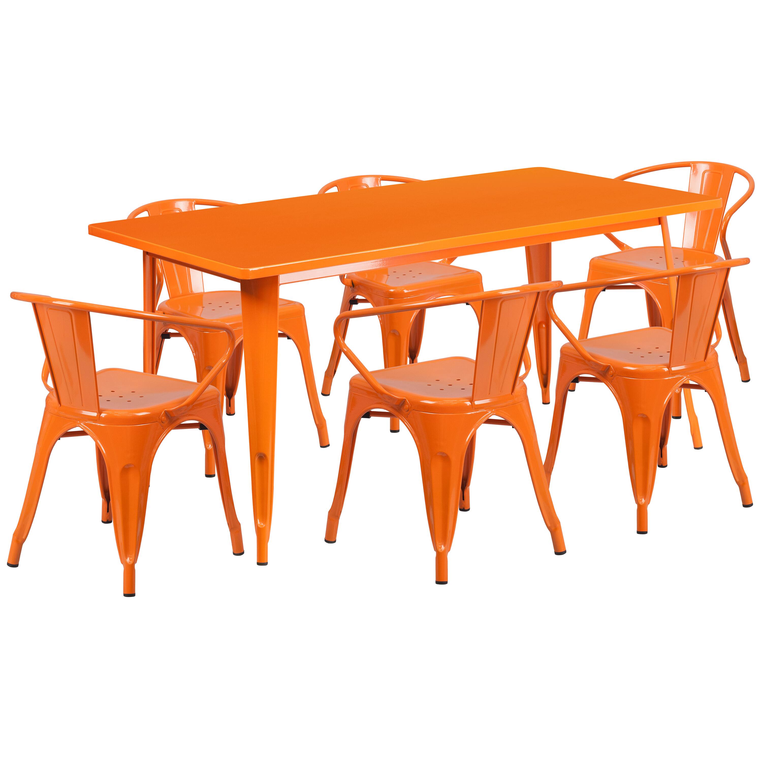 Alt View 1. Emma + Oliver - Commercial Grade Rectangular Metal Indoor-Outdoor Table Set with 6 Arm Chairs - Orange.