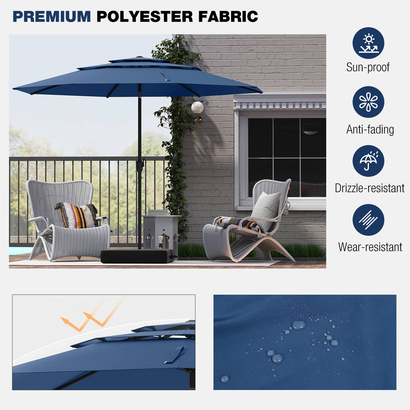 PREMIUM POLYESTER FABRIC

- Sun-proof
- Anti-fading
- Drizzle-resistant
- Wear-resistant