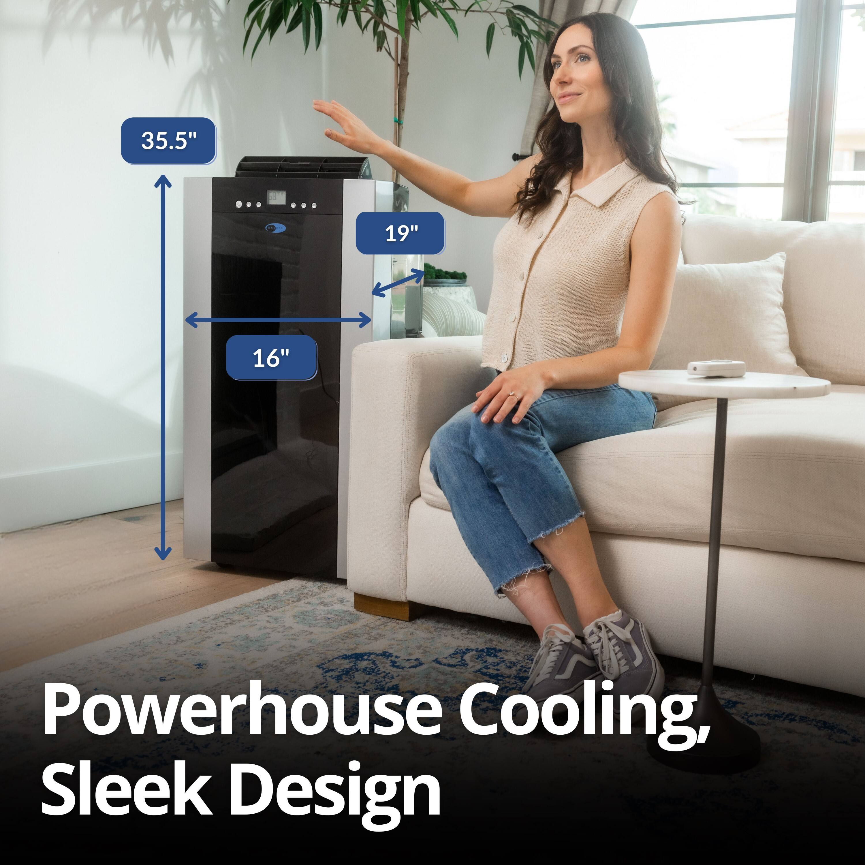 The text on the image reads: "35.5" 19" 16" CUA Powerhouse Cooling, Sleek Design."