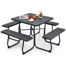 Costway - Outdoor 8-person Square Picnic Table Bench Set with 4 Benches & Umbrella Hole - Black