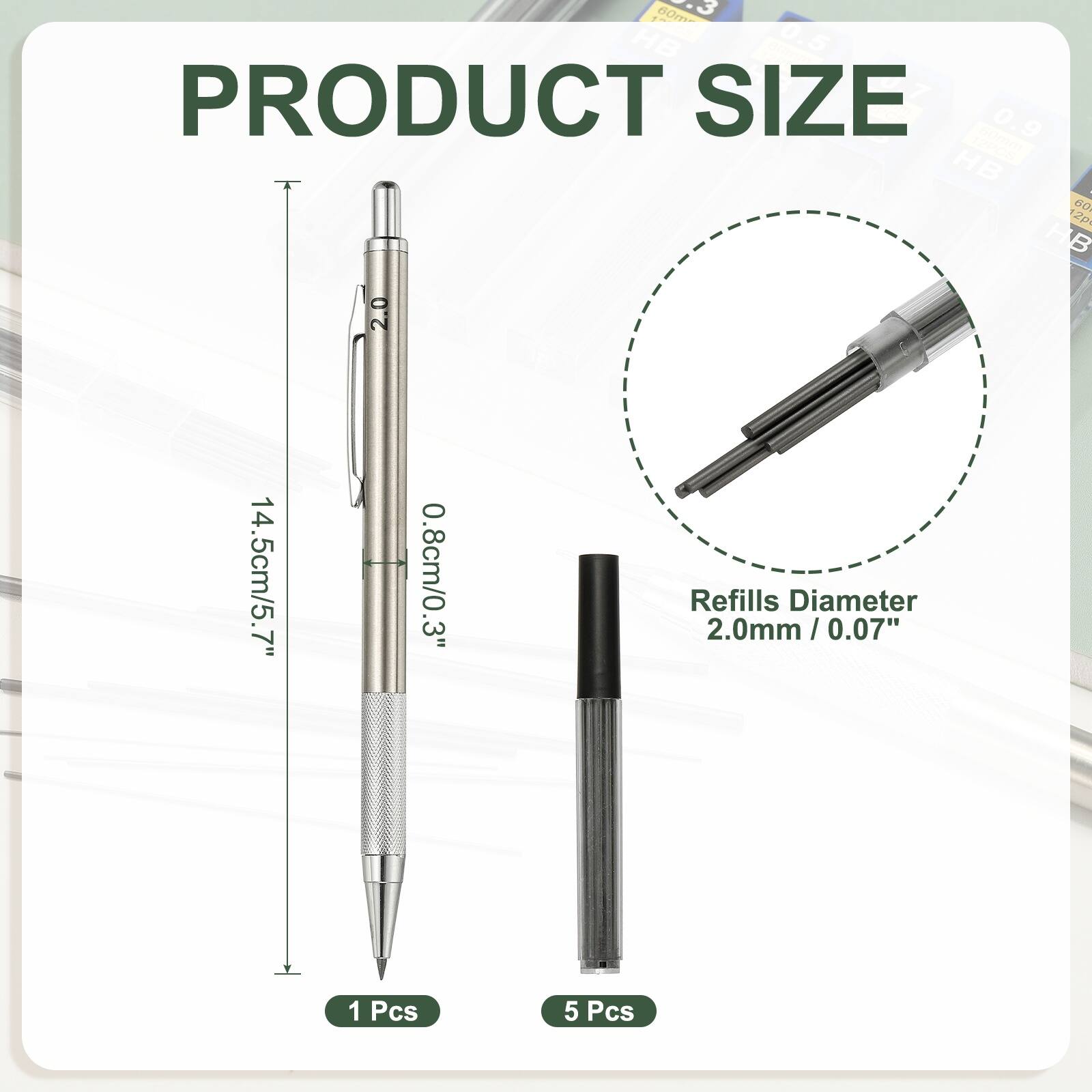 1 60m HB 0.5 5 PRODUCT SIZE 0.9 e HB ! - 60 2p HB 14.5cm/5.7" 0.8cm/0.3" Refills Diameter 2.0mm / 0.07" I 1 Pcs 5 Pcs