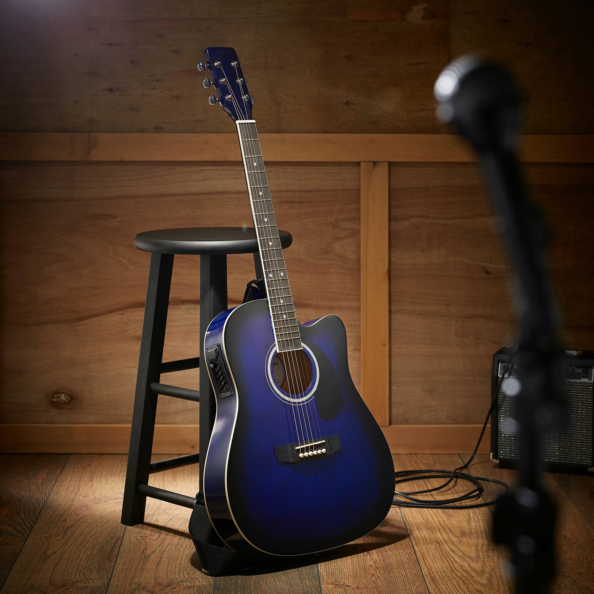 Alt View 1. Ashthorpe - Full-Size Cutaway Thinline Acoustic-Electric Guitar w/ Gig Bag and EQ - Blue.