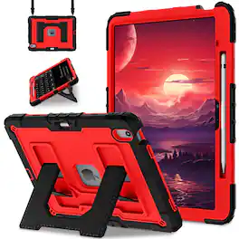 Dteck - for iPad Air 13 Inch Case (M4/M3/M2), Heavy Duty Shockproof Protective Shell with Stand/Shoulder Strap/Pencil Holder - Black+Red