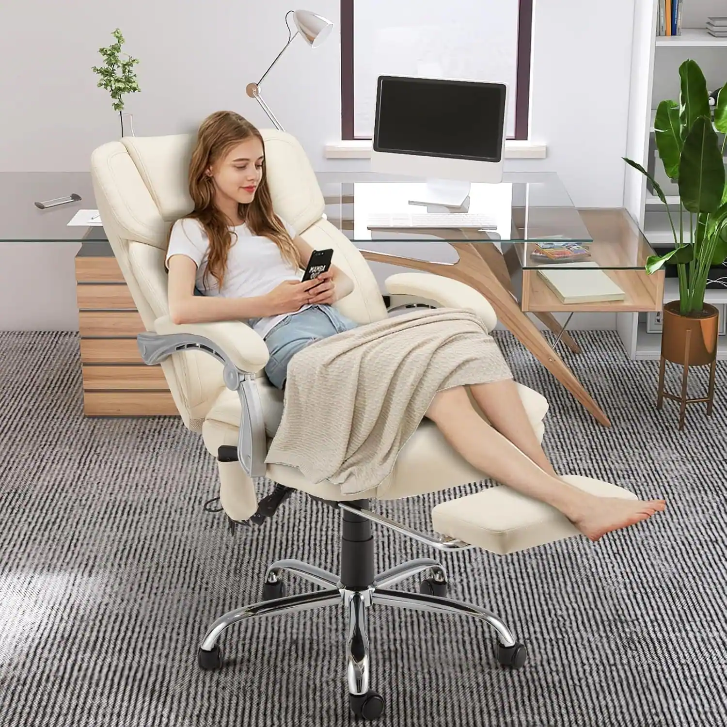 Alt View 3. U-HOMY - Ergonomic Office Chair with 4-Point Massage, Adjustable Recline, Footrest and Lumbar Support - Beige.