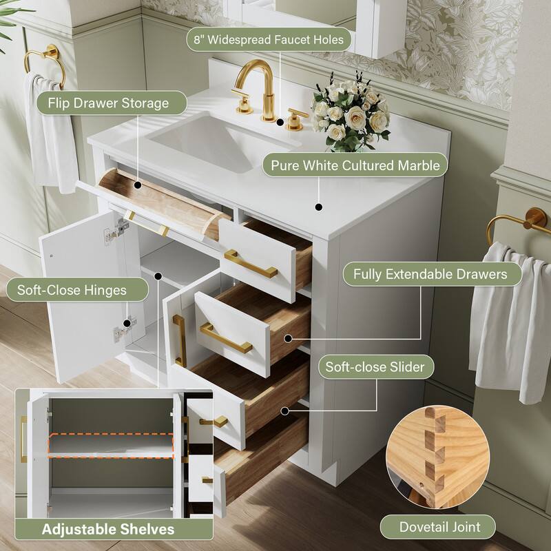 8" Widespread Faucet Holes  
Flip Drawer Storage  
Pure White Cultured Marble  
Soft-Close Hinges  
Fully Extendable Drawers  
Soft-close Slider  
Adjustable Shelves  
Dovetail Joint