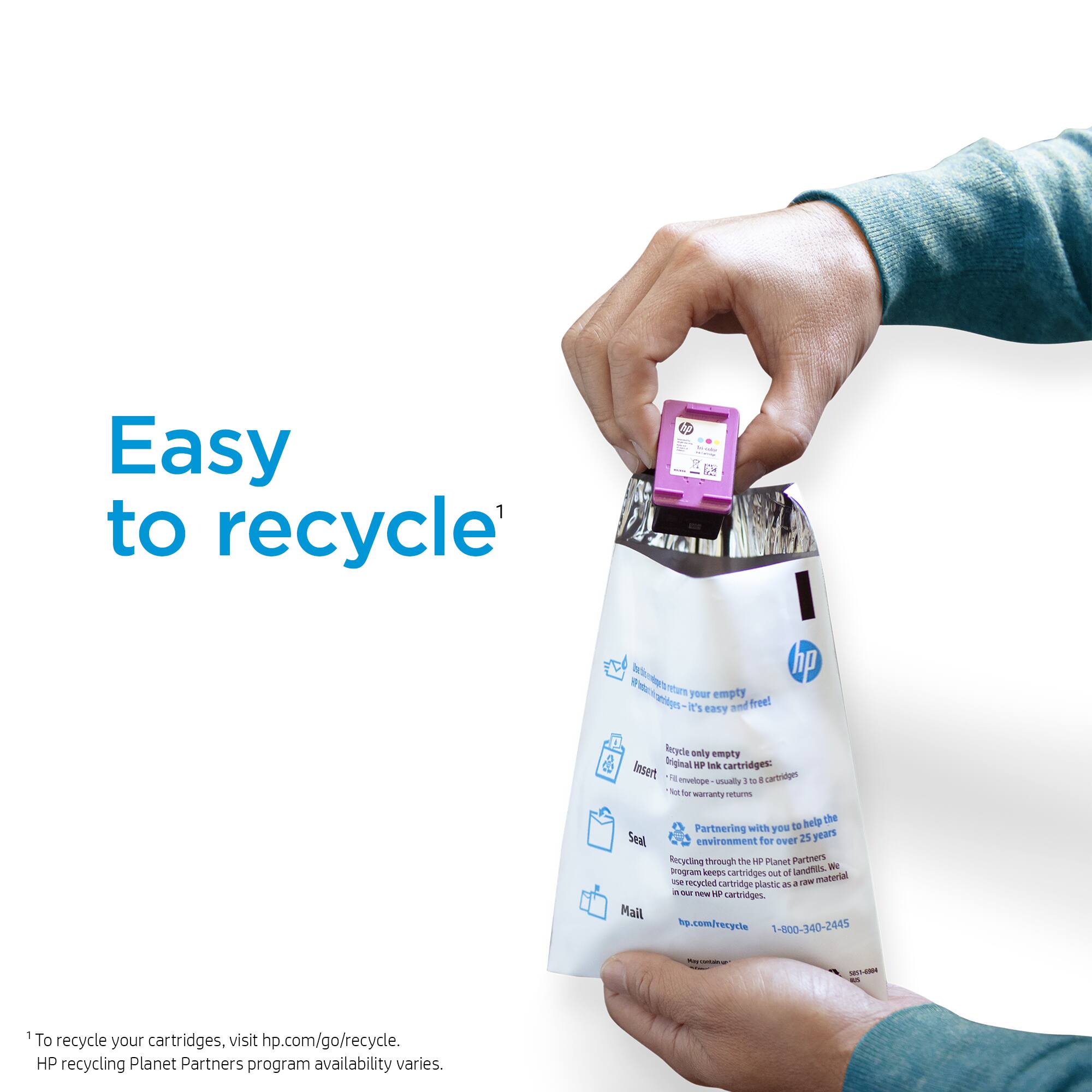 Easy to recycle. It's easy to empty and free to recycle HP inkjet cartridges. Keep your cartridges out of landfills for 25 years. Partnering with you to keep the environment clean for 25 years. Keyeling through the HP Planet Partners program keeps cartridges out of landfills and reduces plastic waste. Mail hp.com/recydle or call 1-800-340-2445 to recycle your cartridges. Visit hp.com/go/recycle to recycle your cartridges. HP recycling Planet Partners program availability varies.