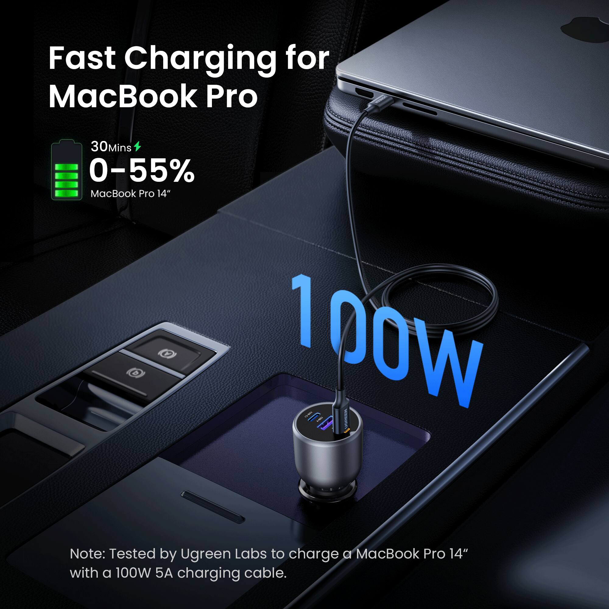 Fast Charging for MacBook Pro  
30 Mins 0-55%  
MacBook Pro 14"  

100W  

Note: Tested by Ugreen Labs to charge a MacBook Pro 14" with a 100W 5A charging cable.