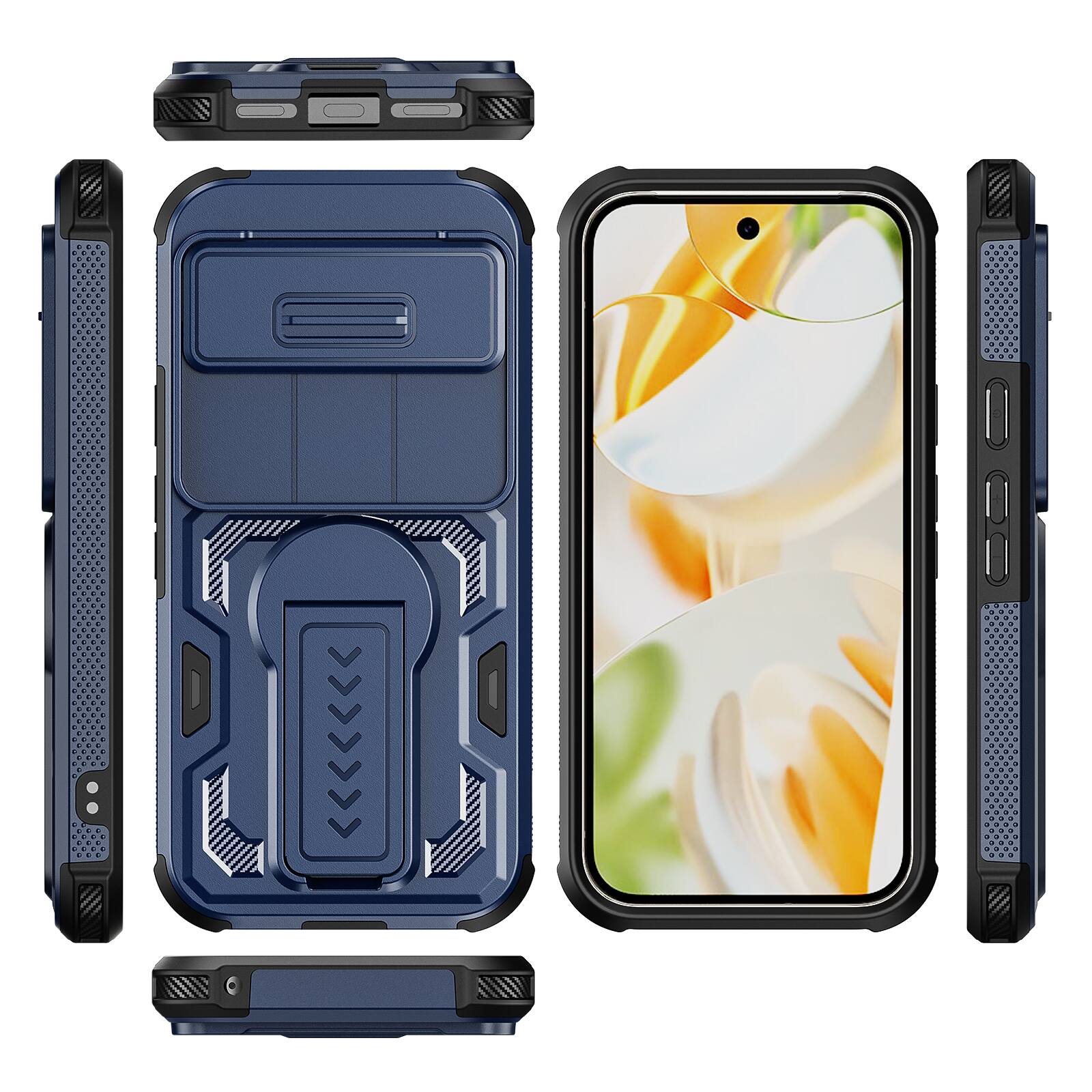Alt View 4. Dteck - Rugged Stand Case for Google Pixel 10 / 10 Pro/Pixel 9 / 9 Pro,Heavy Duty Cover With Sliding Lens Cover+Tempered Glass - Blue.