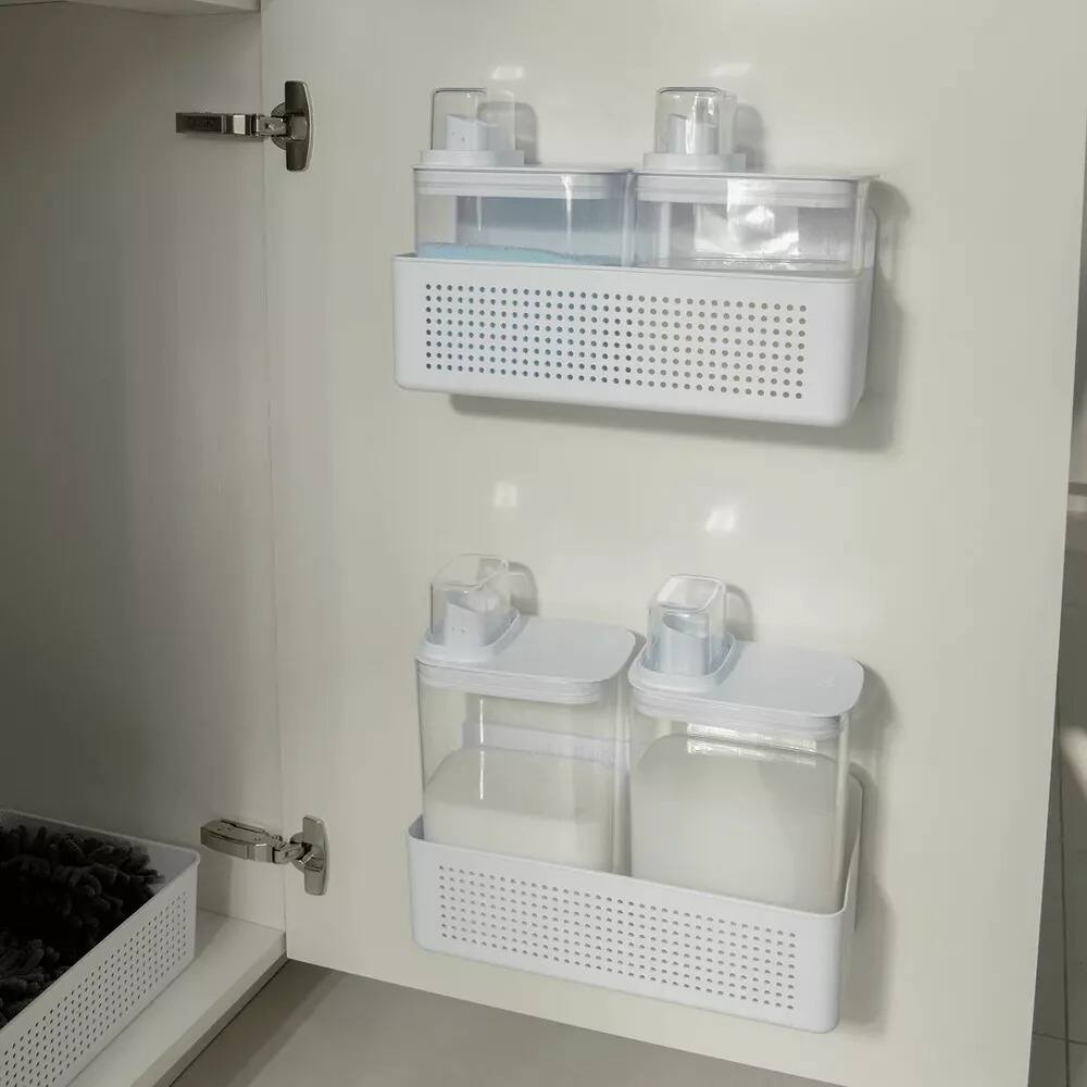 Alt View 2. OU - Laundry Detergent Dispenser Set with Wall Rack, 50 oz & 77 oz Soap/Fabric Softener Dispensers with Measuring Cap - White.