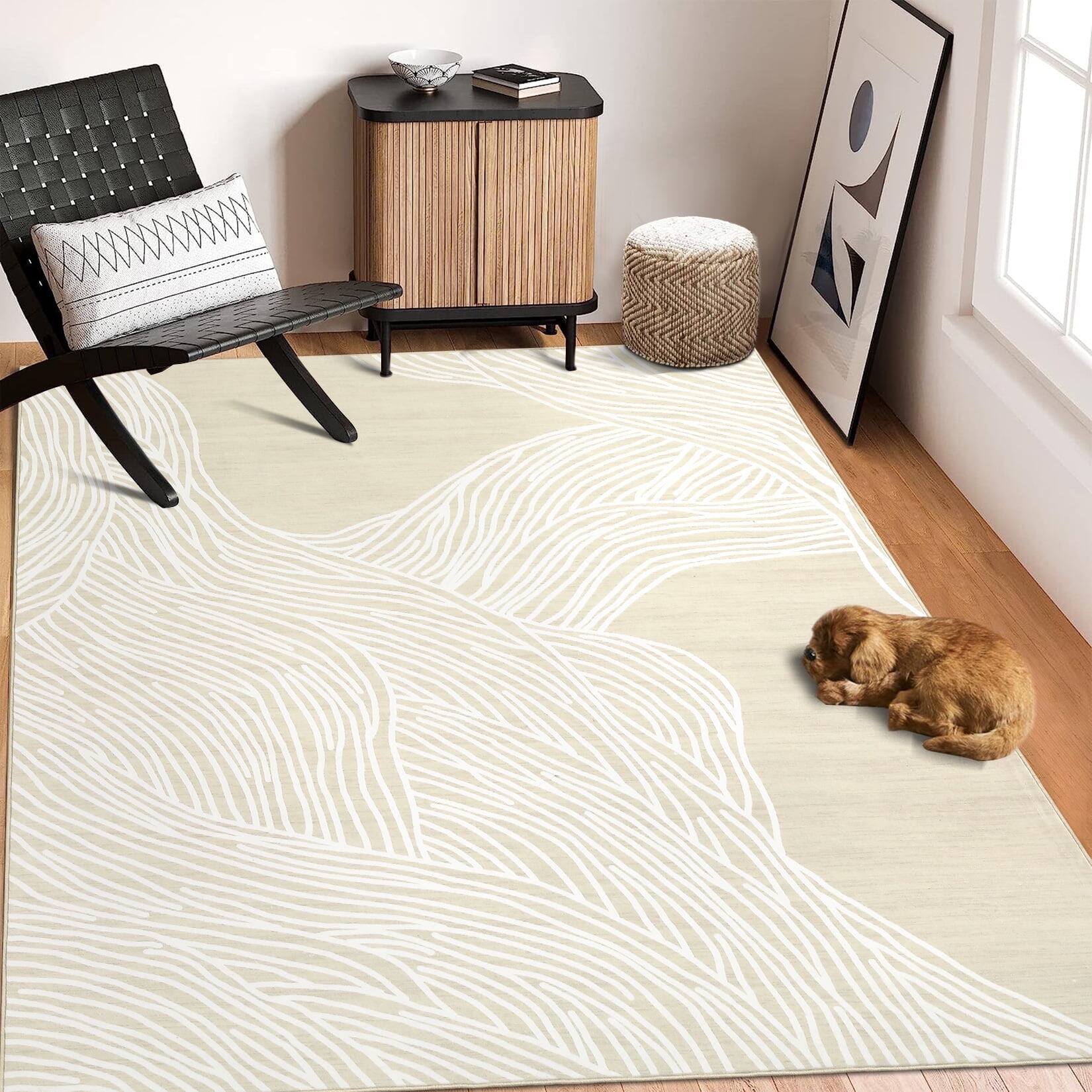 Front. Homhougo - 10x13 Washable Runner Rug, Modern Abstract Lines, Non-Slip, Ivory/Camel - Ivory Camel.