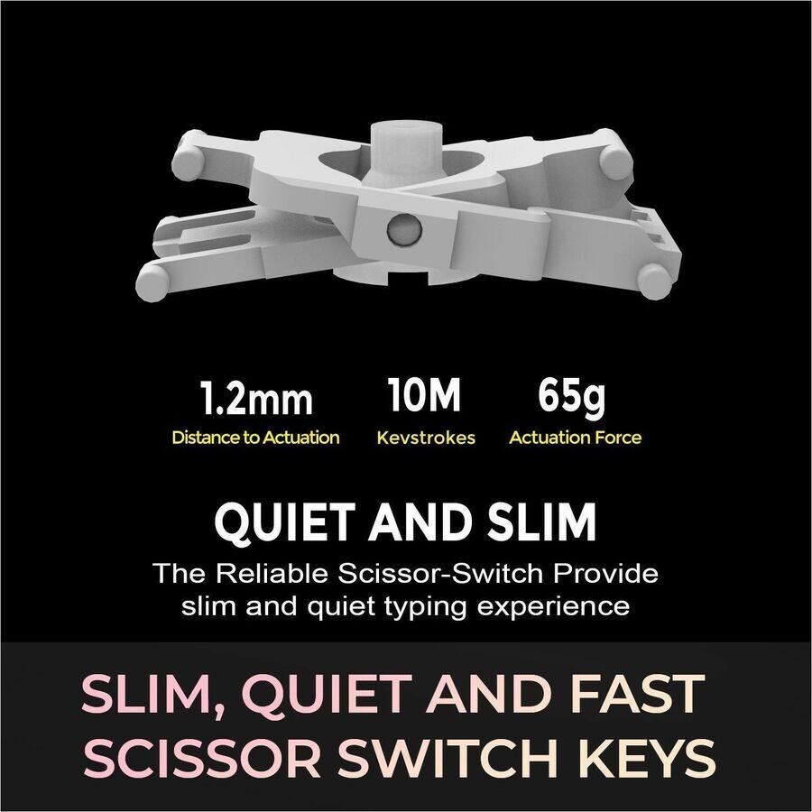 1.2mm  
10M  
65g  
Distance to Actuation  
Kevstrokes  
Actuation Force  

QUIET AND SLIM  
The Reliable Scissor-Switch Provide slim and quiet typing experience  

SLIM, QUIET AND FAST SCISSOR SWITCH KEYS