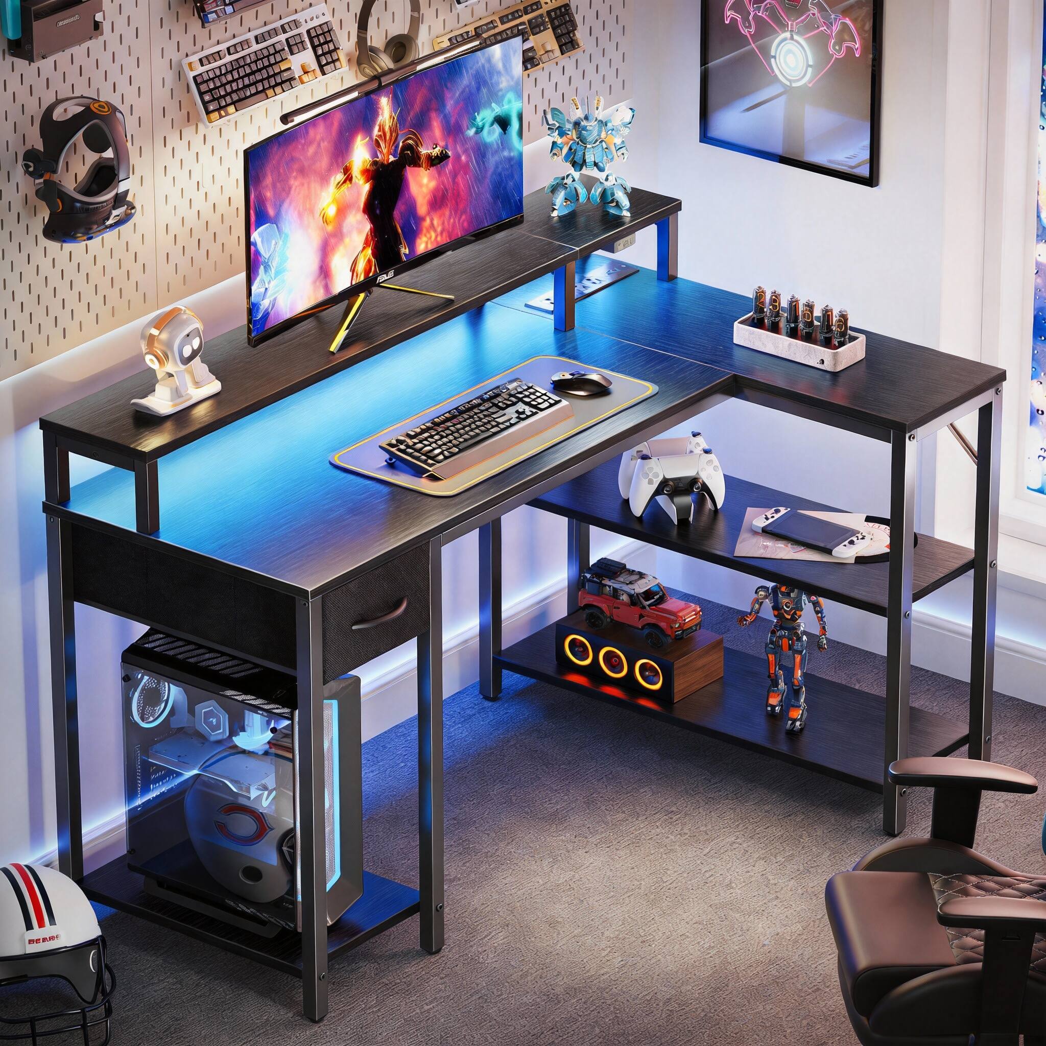 Alt View 1. Frangdom - 47" L Shaped Gaming Desk LED Power Outlets Reversible Shelves Monitor Stand Drawer - Rustic Brown 47".