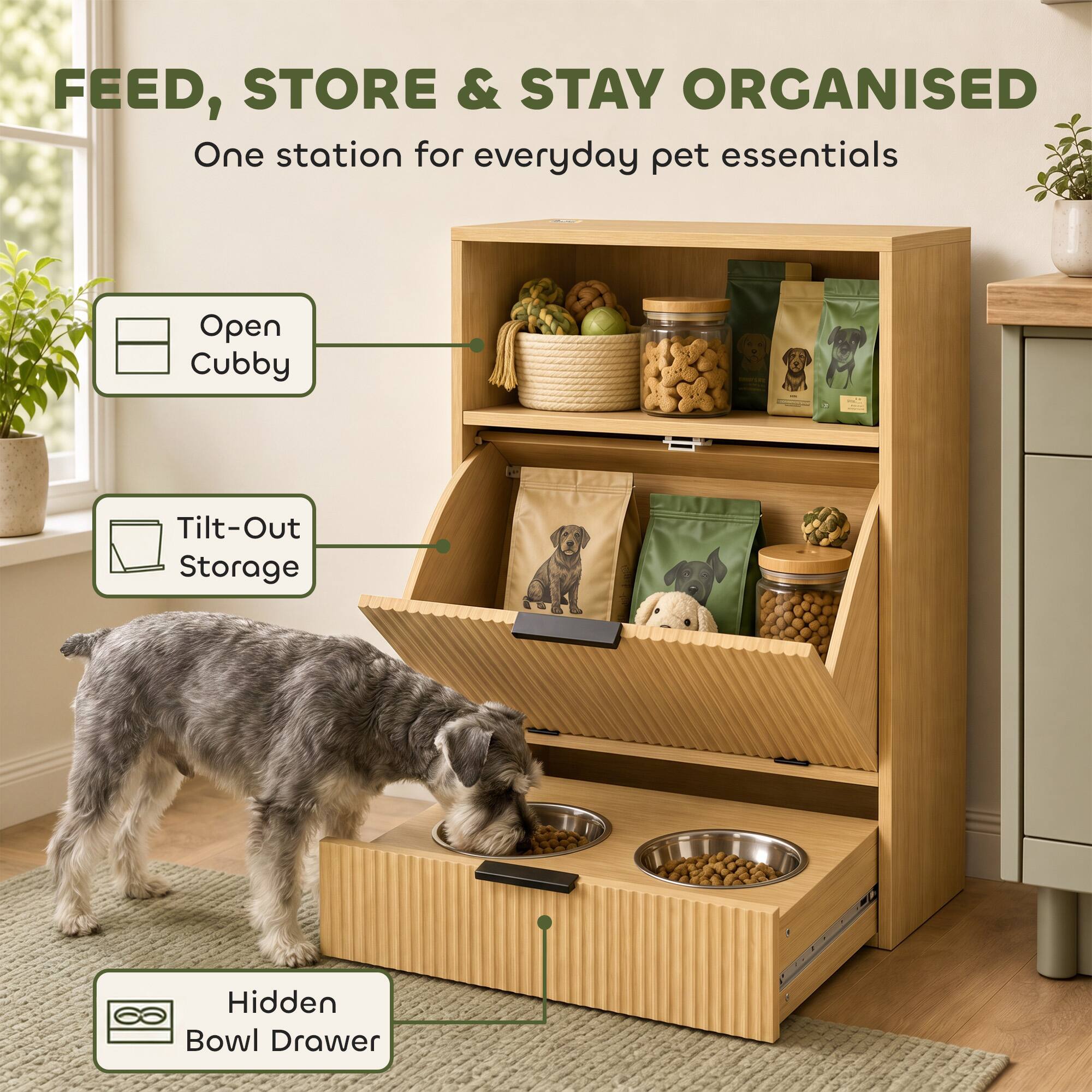FEED, STORE & STAY ORGANISED  
One station for everyday pet essentials

- Open Cubby
- Tilt-Out Storage
- Hidden Bowl Drawer