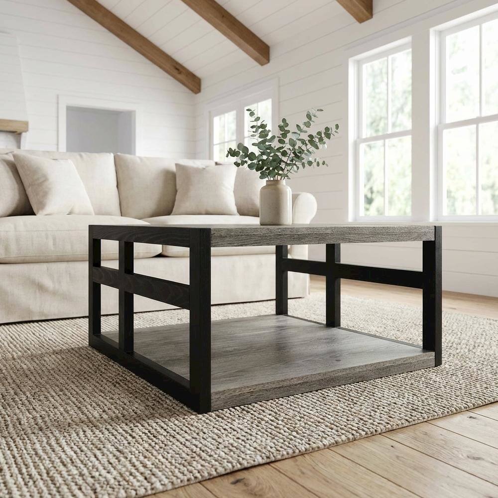 Left. FurniFact - Weathered Gray Black Coffee Table with Shelf and Contemporary Style - Multi.