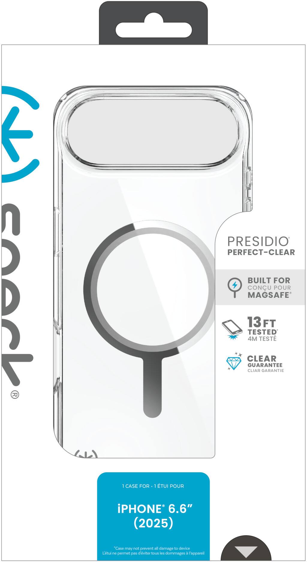 Sure, here is the corrected and grouped text from the image:

---

**PRESIDIO PERFECT-CLEAR**

- BUILT FOR MAGSAFE
- 13 FT TESTED
- 4M TESTÉ
- CLEAR GUARANTEE
- CLAIR GARANTIE

**1 CASE FOR 1 ÉTUI POUR**

**iPHONE 6.6" (2025)**

*Case may not prevent all damage to device. L'étui ne peut pas empêcher tous les dommages à l'appareil.*

---

This text is organized to reflect the information on the packaging accurately.