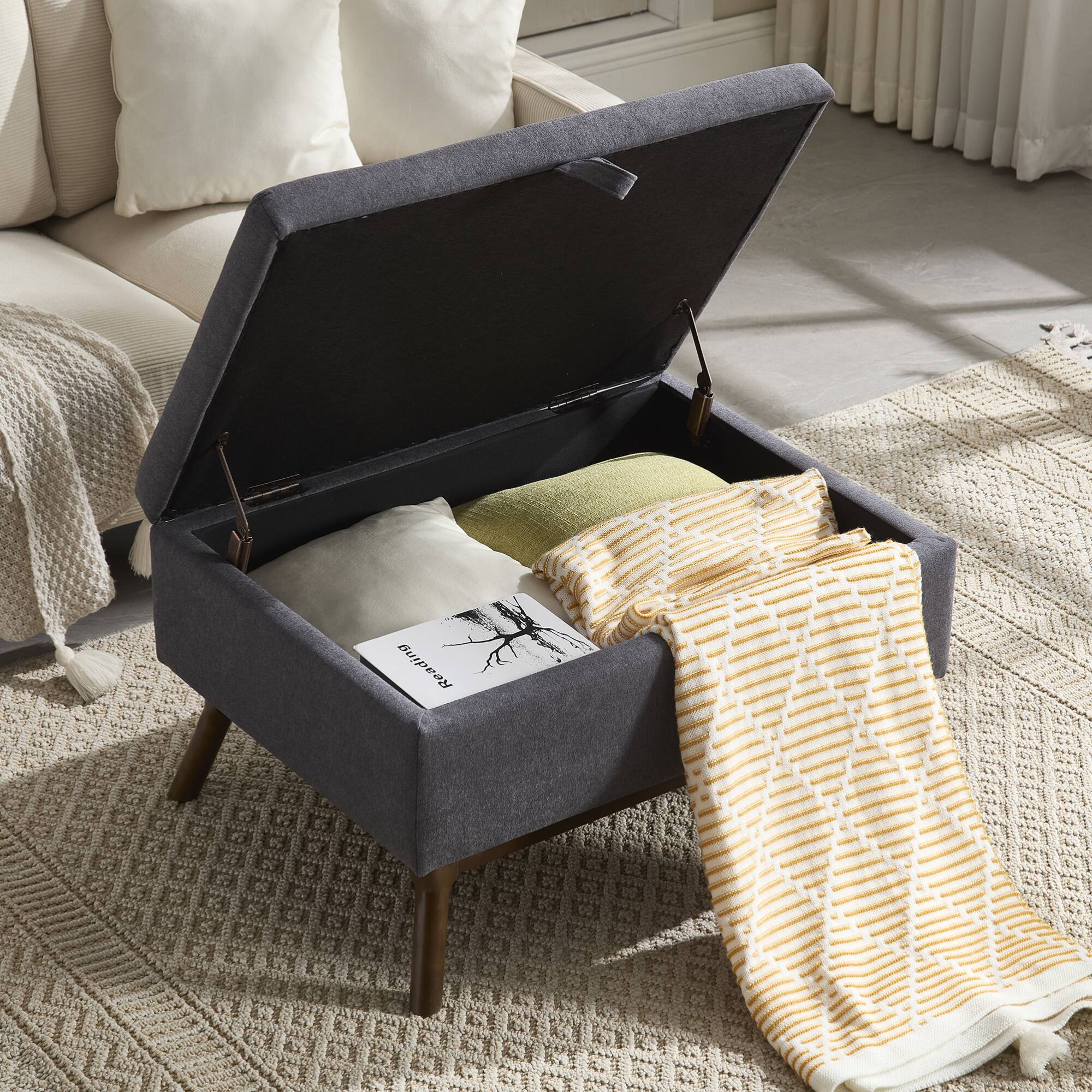 Alt View 2. GOODSILO - Mid-Century Modern Square Storage Ottoman Bench with Lift-Top Lid and Child Safety Hinge - Dark Grey.