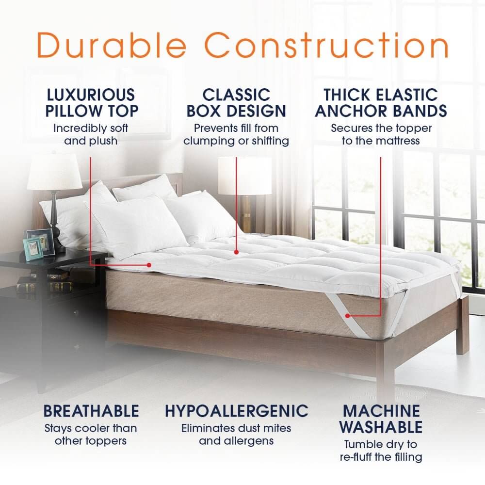 Durable Construction

LUXURIOUS PILLOW TOP
Incredibly soft and plush

CLASSIC BOX DESIGN
Prevents fill from clumping or shifting

THICK ELASTIC ANCHOR BANDS
Secures the topper to the mattress

BREATHABLE
Stays cooler than other toppers

HYPOALLERGENIC
Eliminates dust mites and allergens

MACHINE WASHABLE
Tumble dry to re-fluff the filling