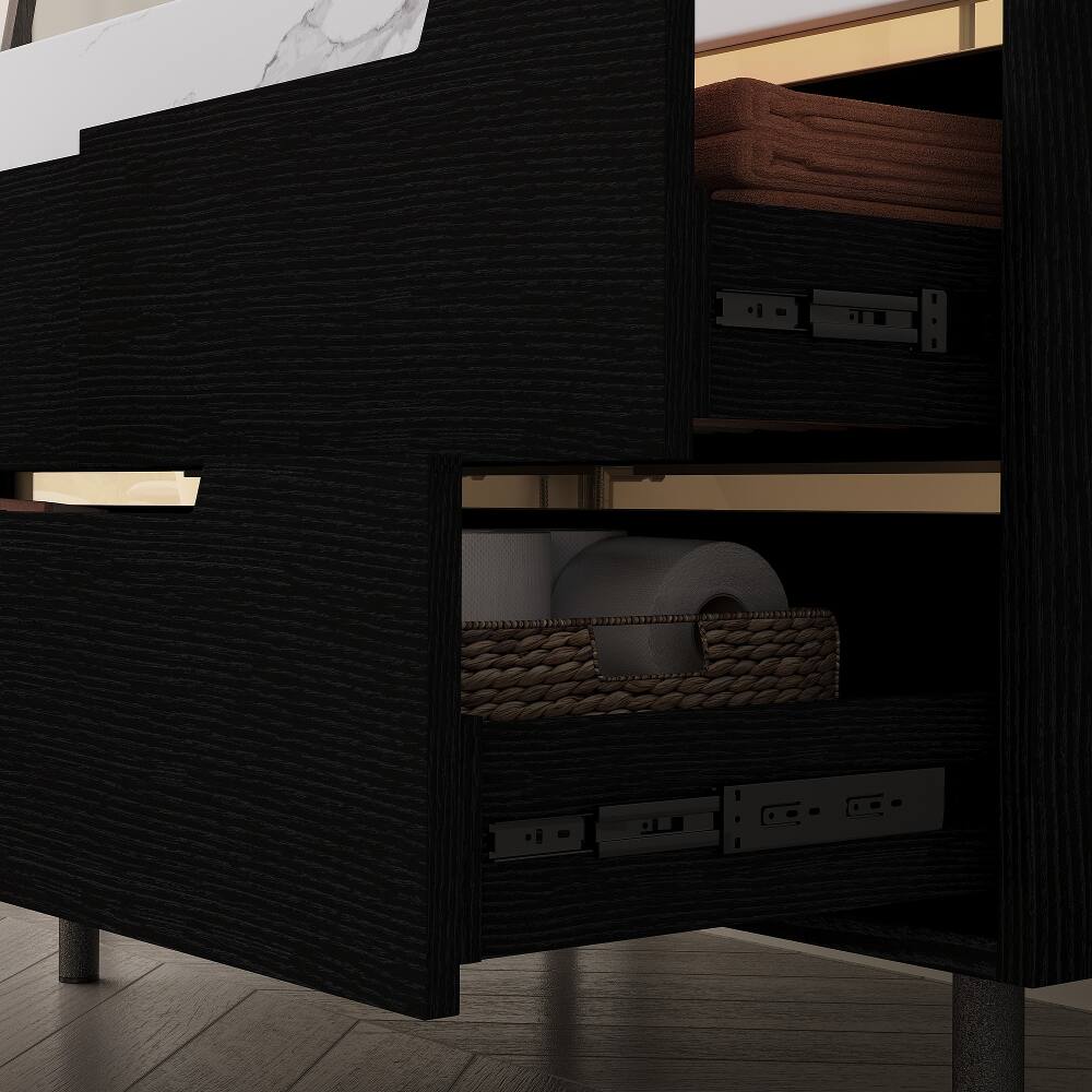 Alt View 9. Loheer - Loheer 35.4 inch modern bathroom vanity with undermount sink, Sintered Stone Top, 4 Drawers, Black - Black, White.