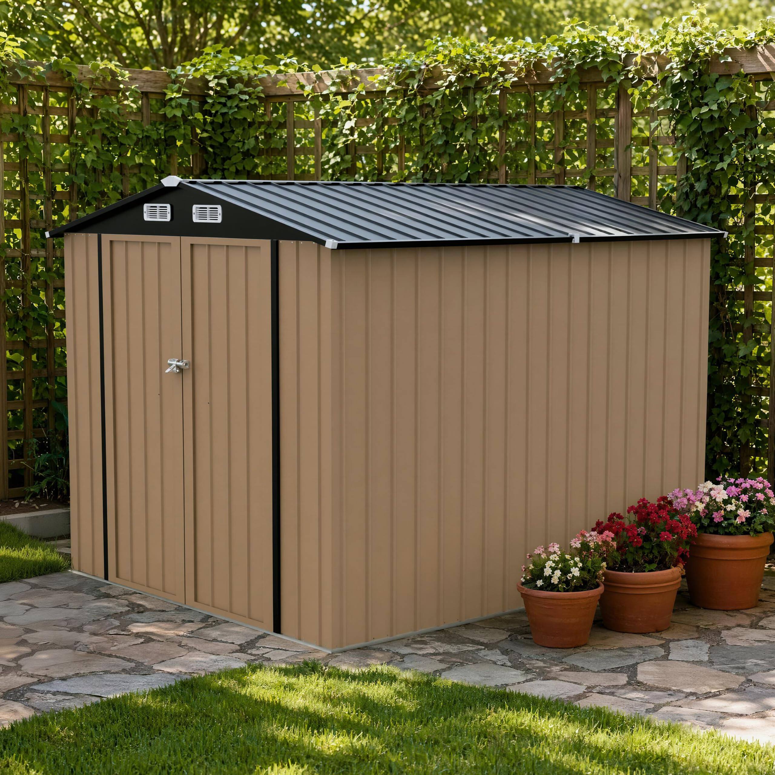 Front. LAUSAINT HOME - 8x10 FT Galvanized Steel Shed Double Lockable Doors Gable Roof and Vent for Backyard Patio Garden Brown - Brown.