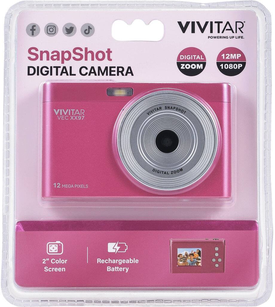 SnapShot DIGITAL CAMERA  
VIVITAR POWERING UP LIFE. DIGITAL 12MP ZOOM 1080P  
VIVITAR VEC XX97  
VIVITAR SNAPSHOT  
12 MEGA PIXELS  
DIGITAL ZOOM  
2" Color Screen  
Rechargeable Battery