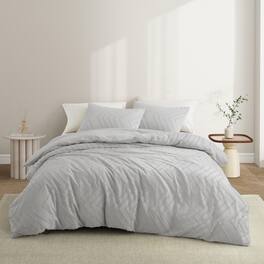 Peace Nest - Tufted Clipped Jacquard Geometric Duvet Cover & Pillowcase Set - Wave Light Gray