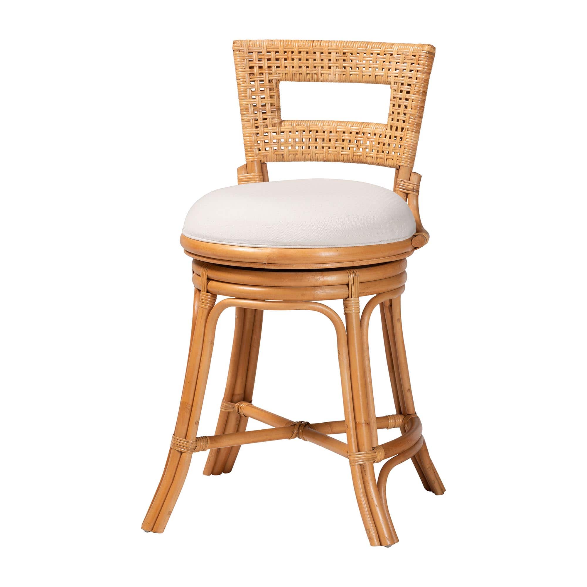 bali & pari - Amina Natural Rattan Counter Stool - Handwoven Wicker Stool with Swivel Seat and Upholstered Cushion - Light Honey