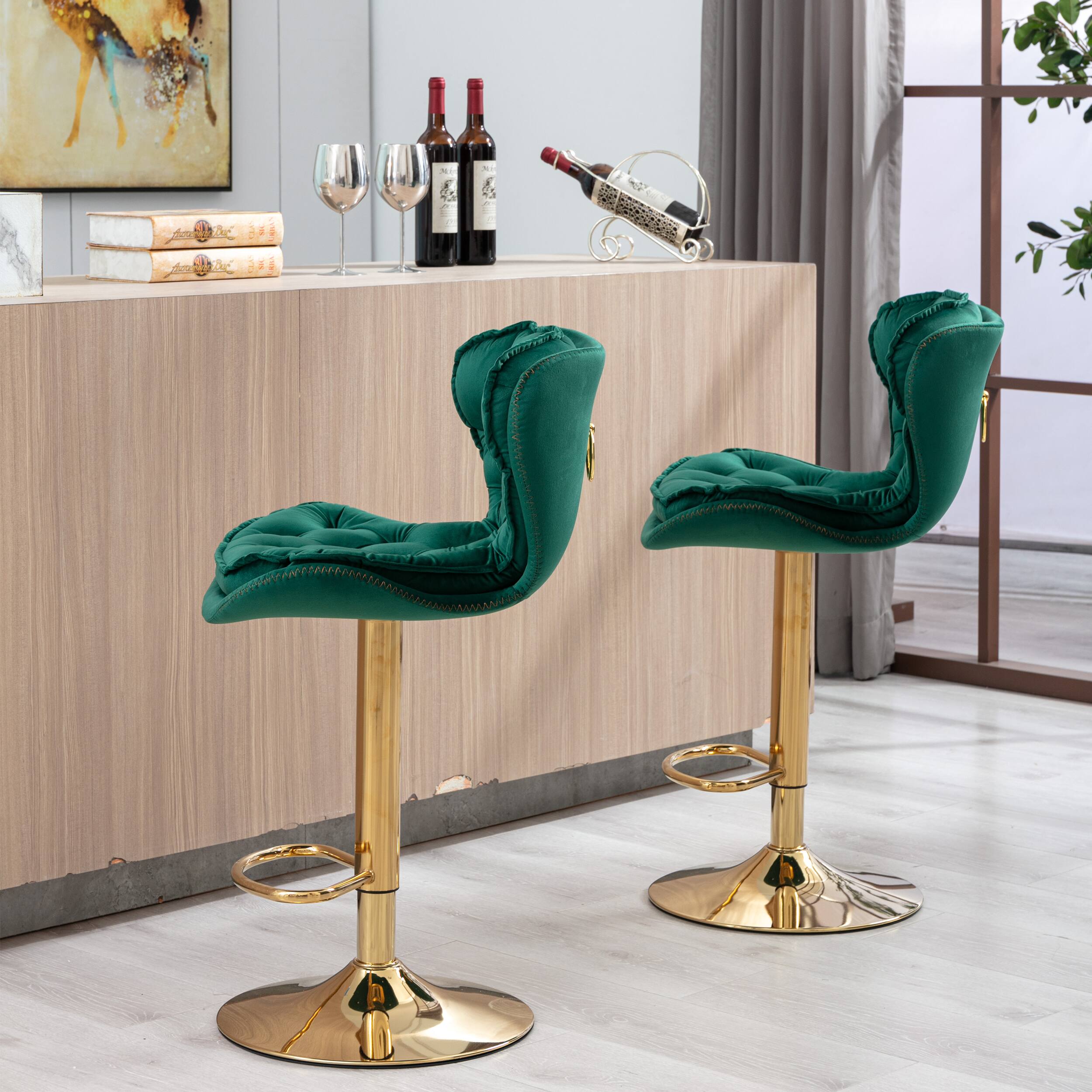 Left. Trinkets Crazed - Bar Stools Set of 2, Velvet Counter Height Adjustable Barstools, Upholstered Swivel Dining Bar Chairs - Green.